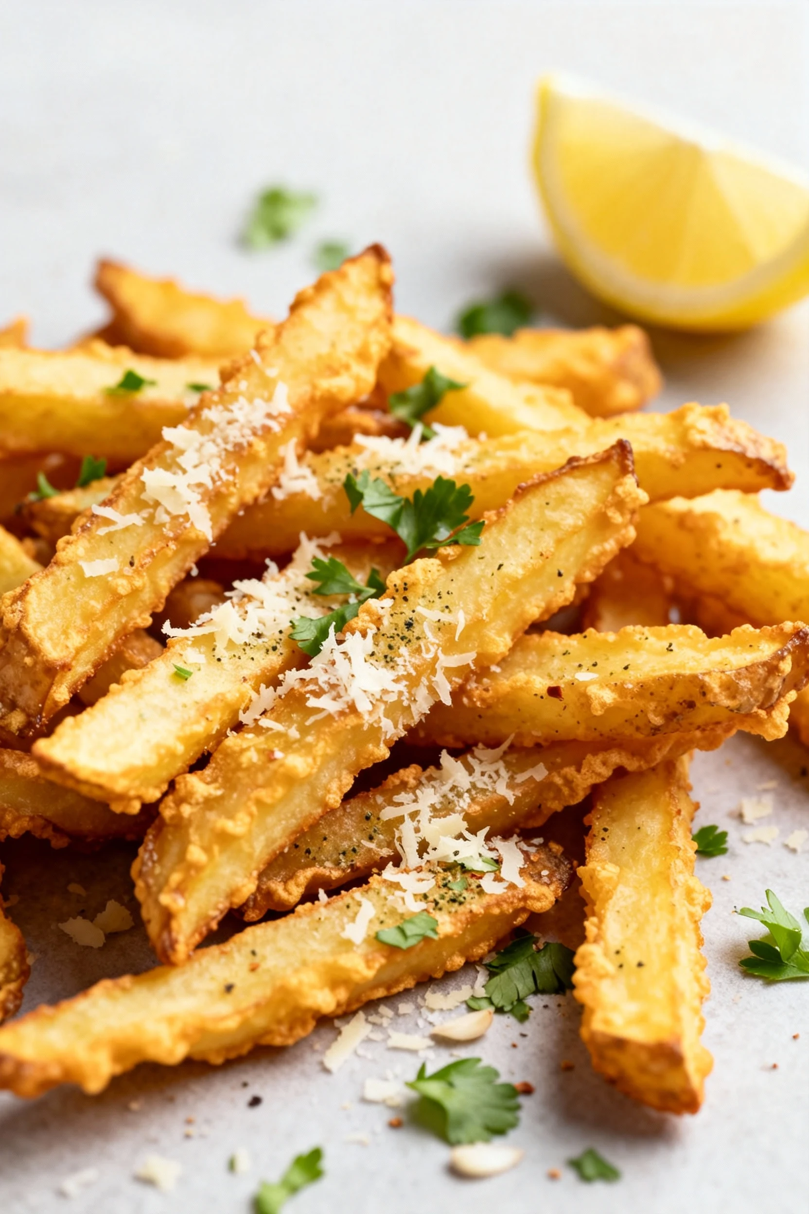 Close-up detail of Parmesan-garlic air-fryer fries: grated Parmesan clinging to craggy, golden surfaces with flecks of g