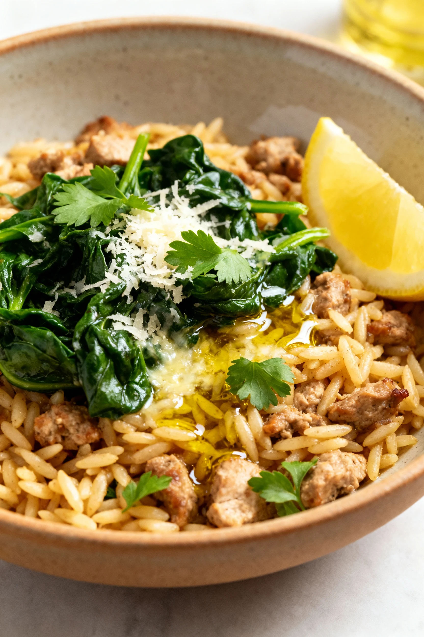Final plated bowl: turkey‑orzo with wilted spinach, glossy from the 2‑minute rest; grated Parmesan melting, olive oil dr