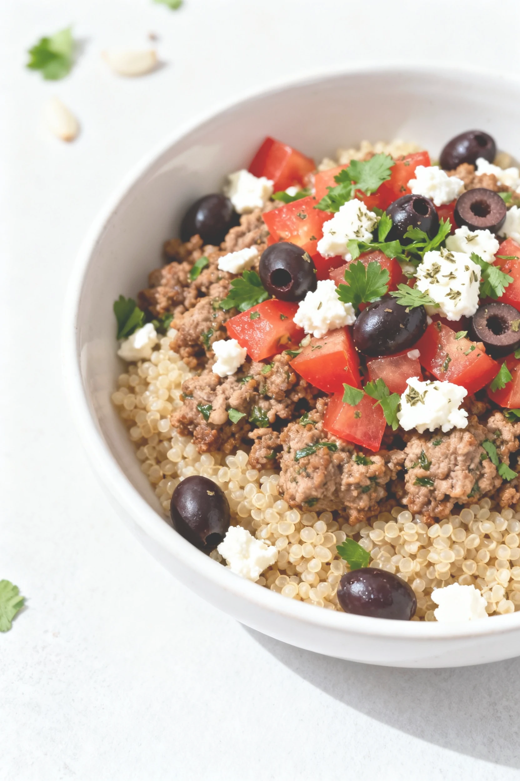 Final dish presentation: Mediterranean ground turkey bowl—herbed turkey over fluffy quinoa with diced tomatoes, kalamata