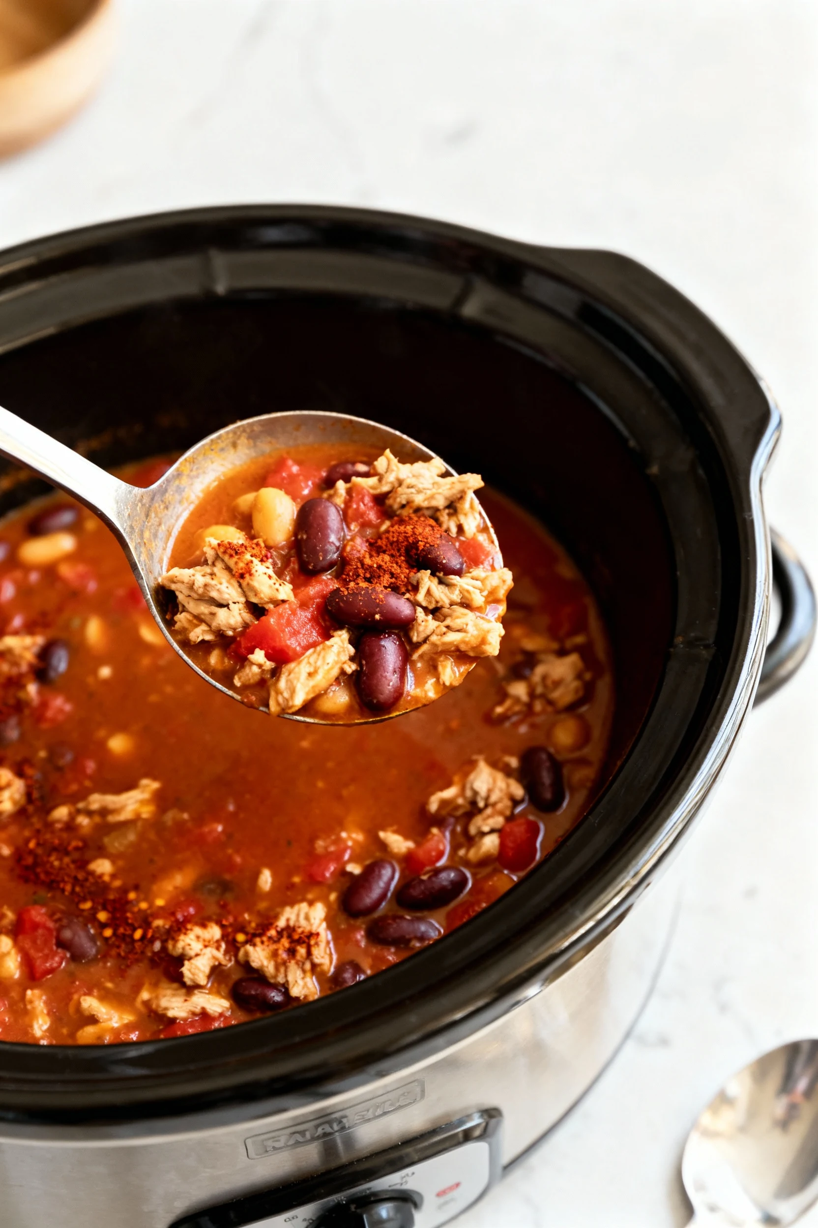 Finished turkey chili in a slow cooker insert; ladle resting above the pot lifting a hearty serving to showcase turkey, 