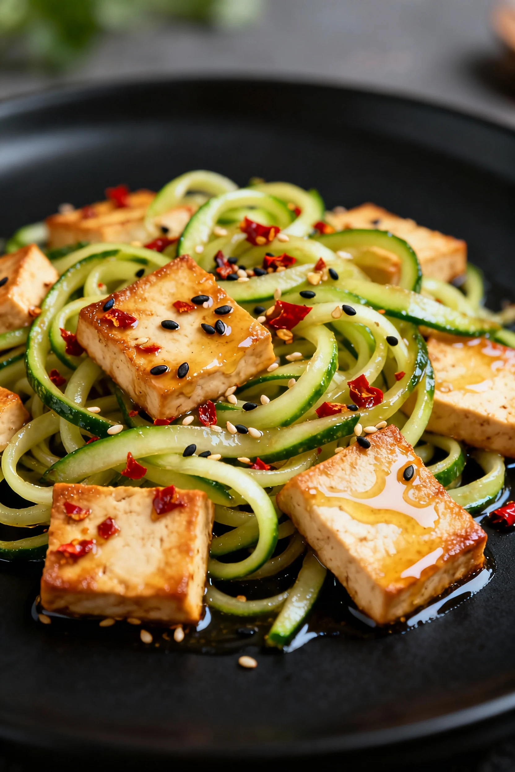 Beautifully plated tofu stir-fry with lightly caramelized zucchini noodles, garnished with chili flakes and sesame seeds