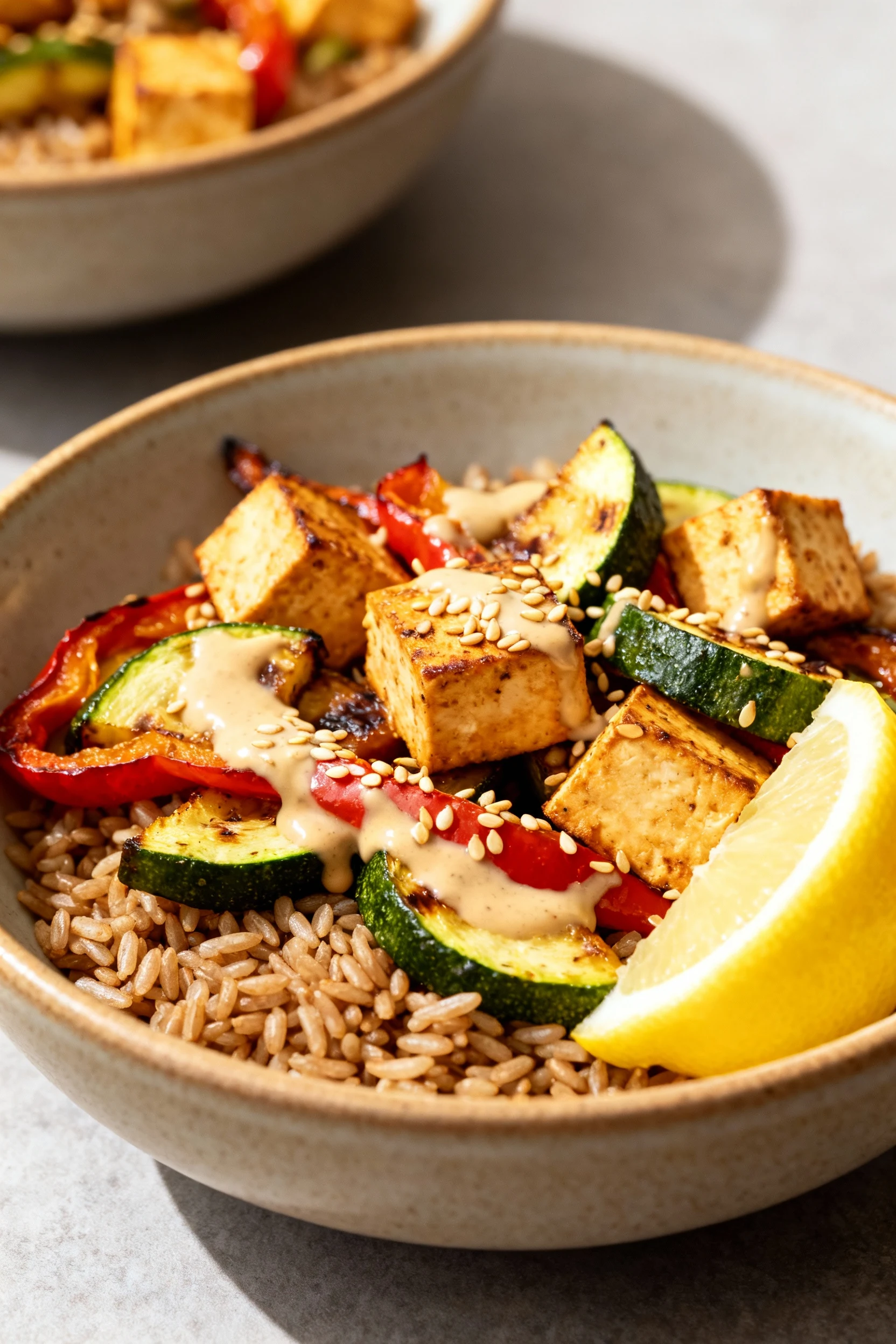 Beautifully plated Mediterranean tofu bowl with perfectly roasted zucchini and peppers, whole grain brown rice, drizzled