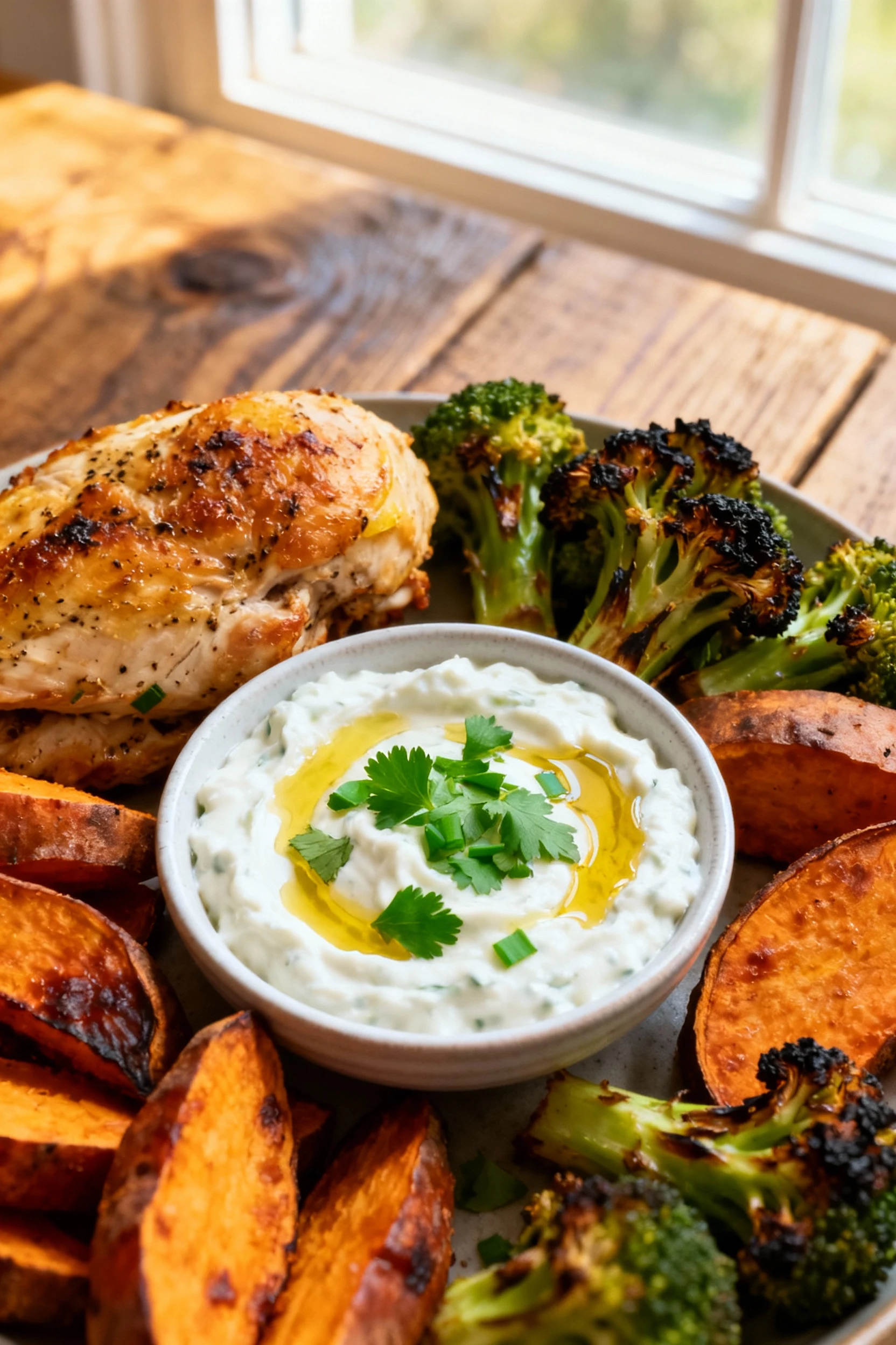 Restaurant-quality presentation of air-fried lemon-pepper chicken plated with charred broccoli and sweet potato wedges, 