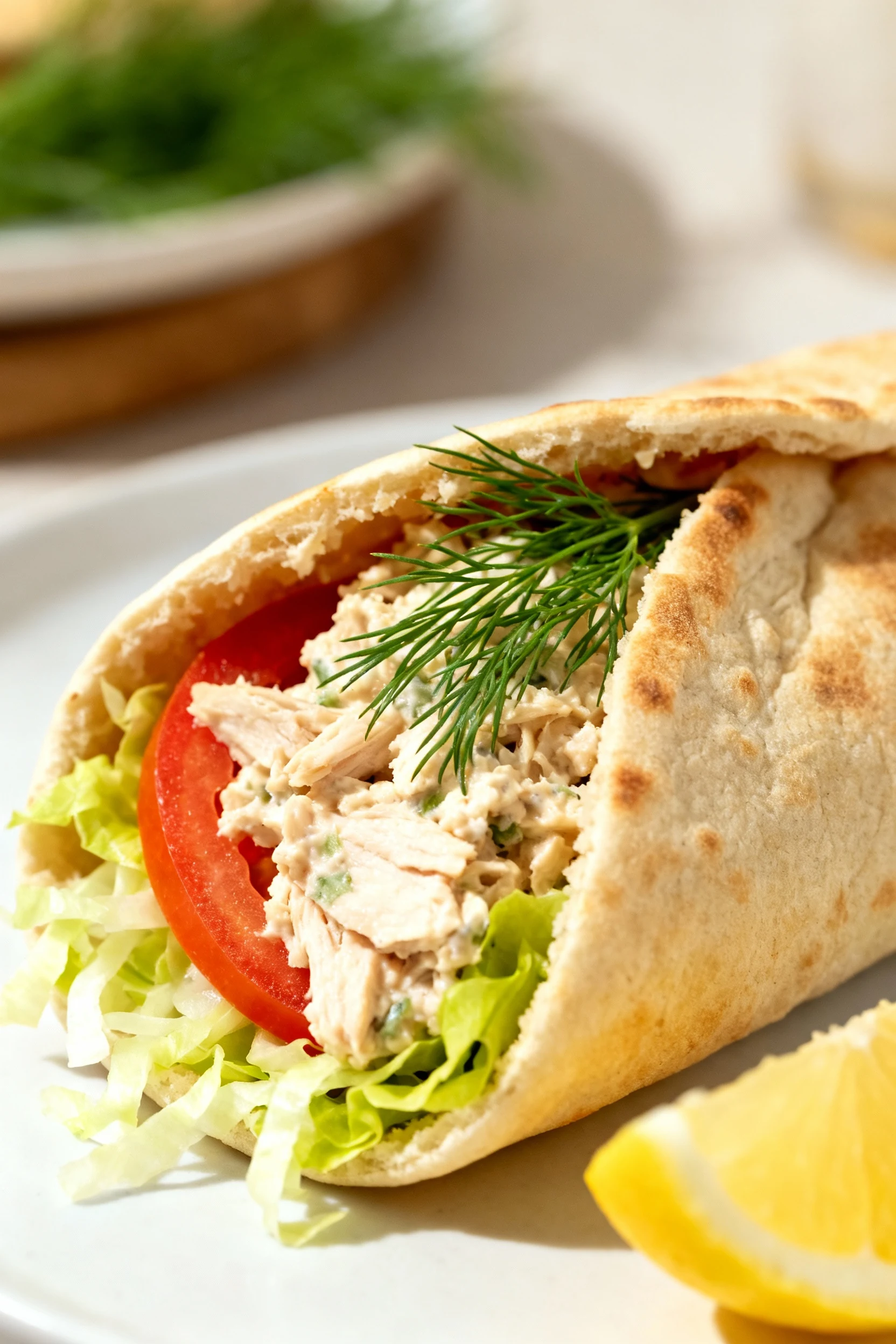 Cross-section close-up of a low-cal pita pocket stuffed with the chicken salad, shredded lettuce and tomato, garnished w