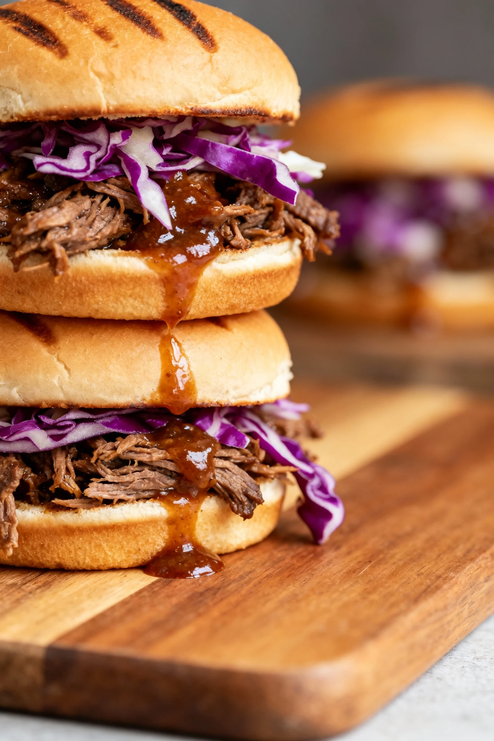 Final presentation: toasted slider buns stacked with saucy shredded beef and crunchy purple-cabbage slaw; glossy sauce l