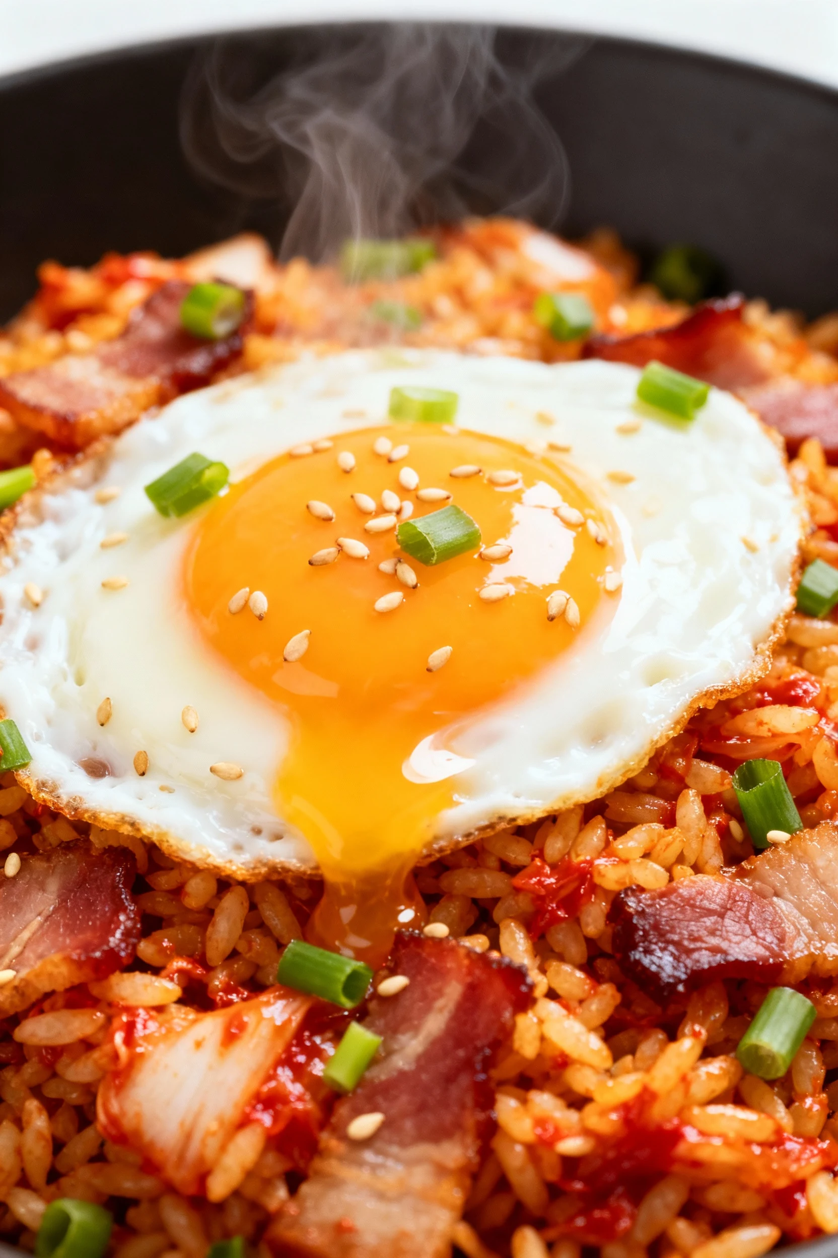 Close-up detail: Kimchi Bacon Fried Rice crowned with a runny fried egg—crisp bacon bits, red-orange kimchi-stained grai