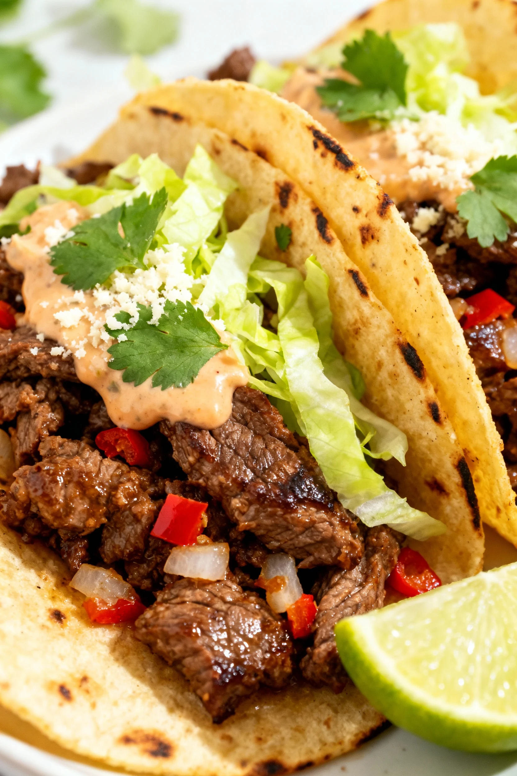 Close-up detail: Taco Night—juicy, well-browned beef master mix in lightly charred corn tortillas, topped with shredded 