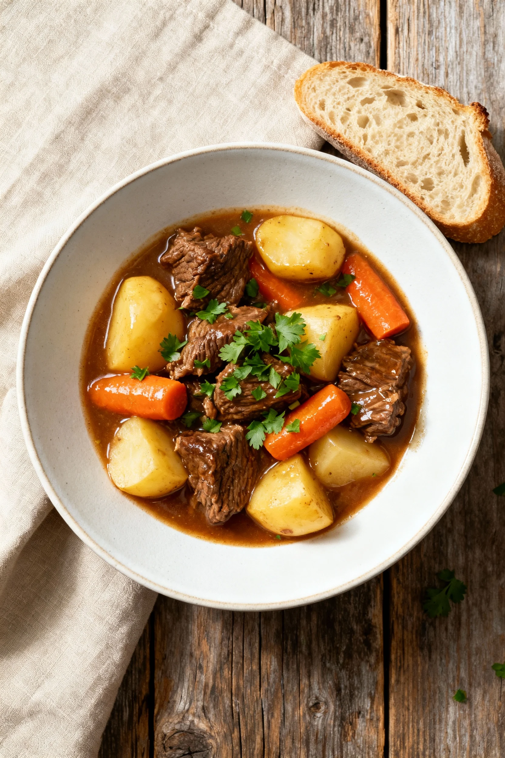 Top-down final presentation: hearty beef stew in a matte white wide-rim bowl with chunky potatoes, carrots, tender beef,