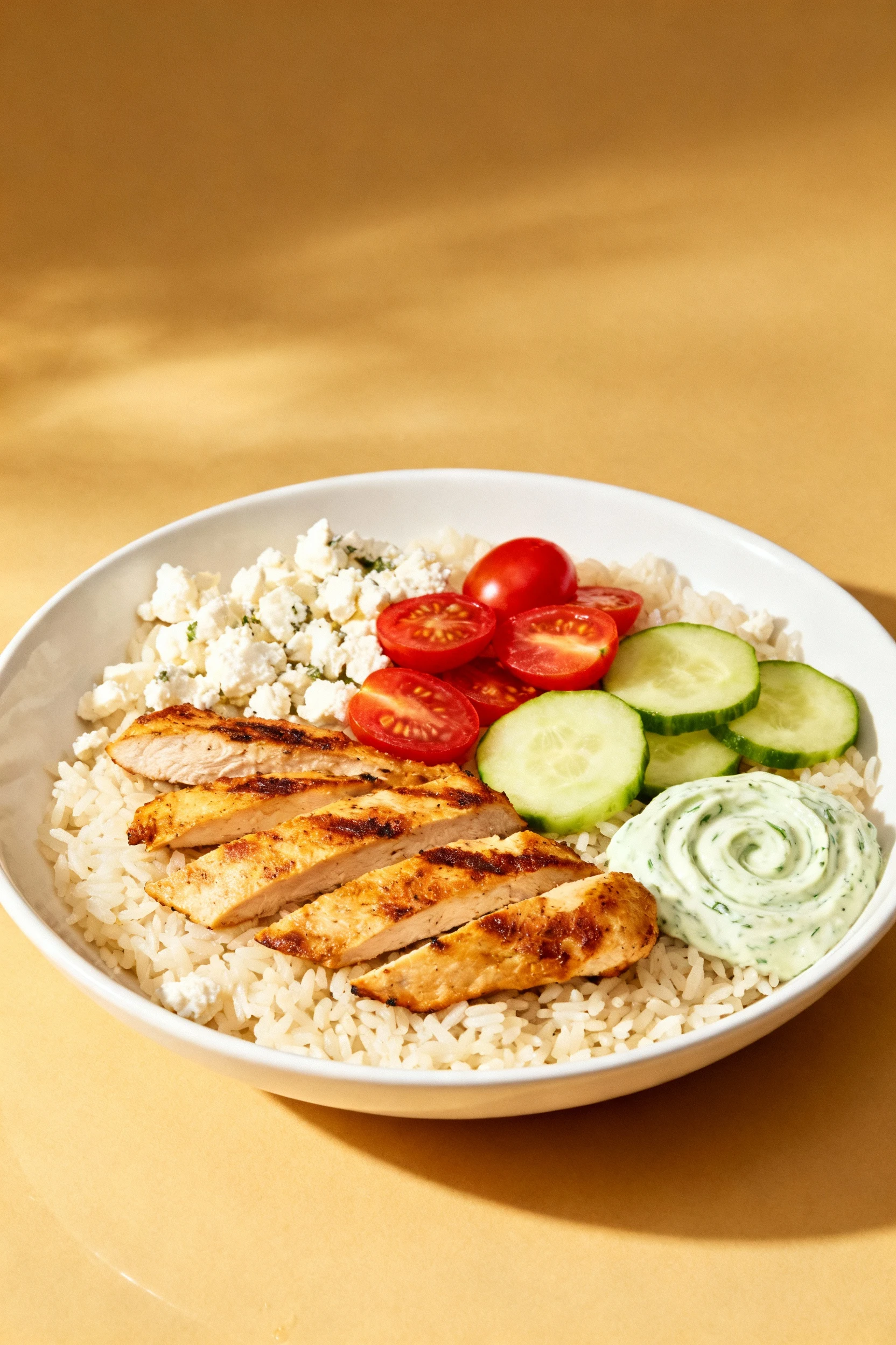 Beautifully plated Mediterranean-style rice bowl with grilled chicken strips, cherry tomatoes, cucumber, feta crumbles,