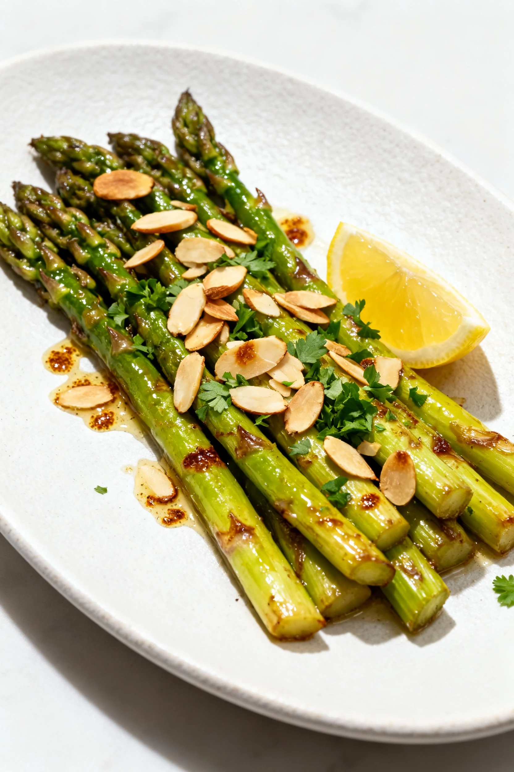 Beautifully plated sauteed asparagus with brown butter amandine: glossy spears topped with toasted sliced almonds, brown