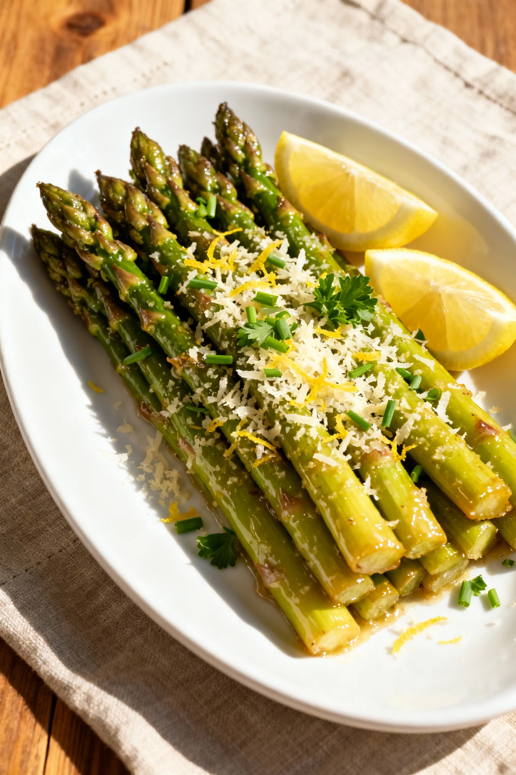 Beautifully plated lemon–Parmesan roasted asparagus on a white oval platter; glossy, tender spears neatly stacked with e