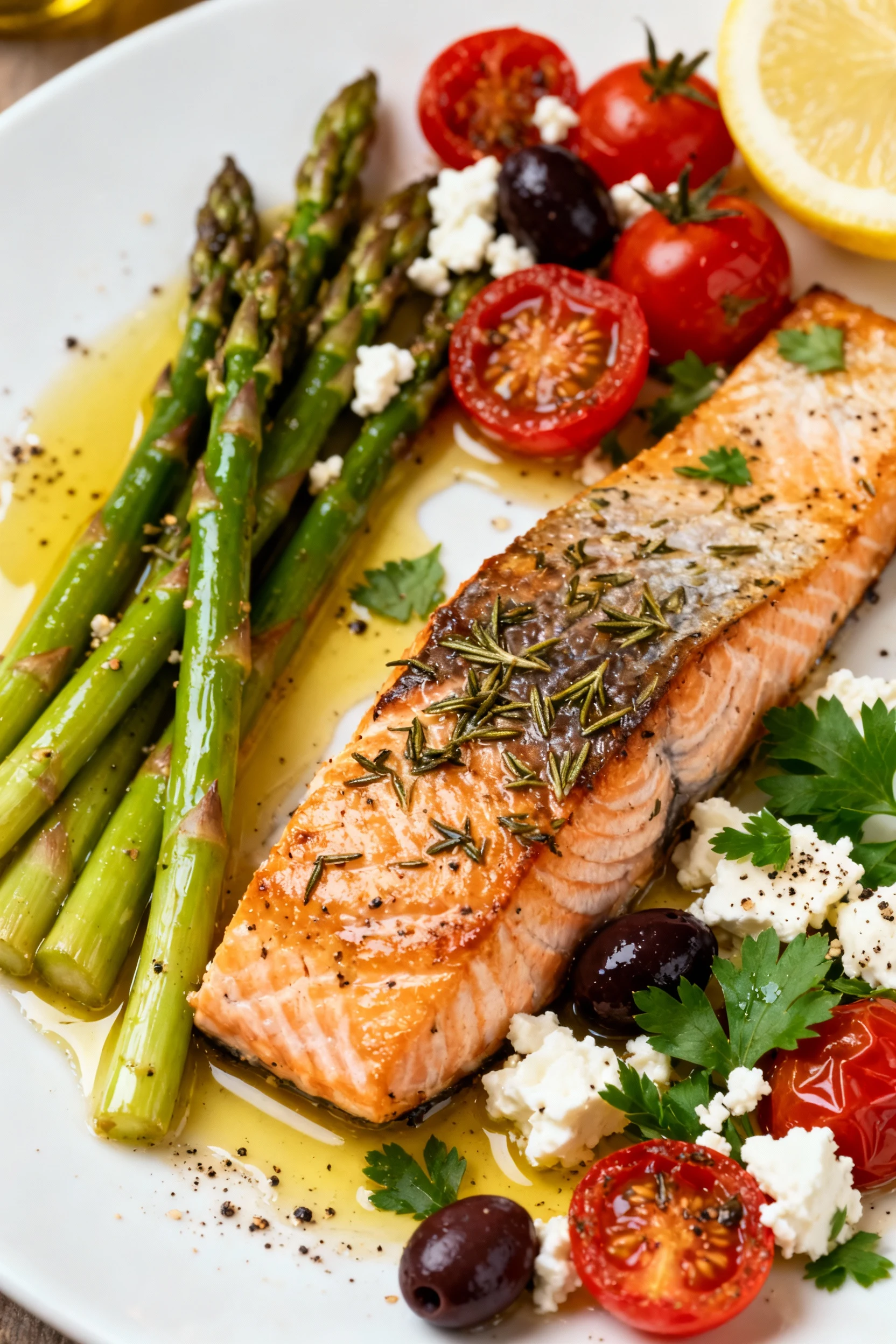 Restaurant-quality plating of the Mediterranean variation: roasted salmon with oregano alongside asparagus, burst cherry