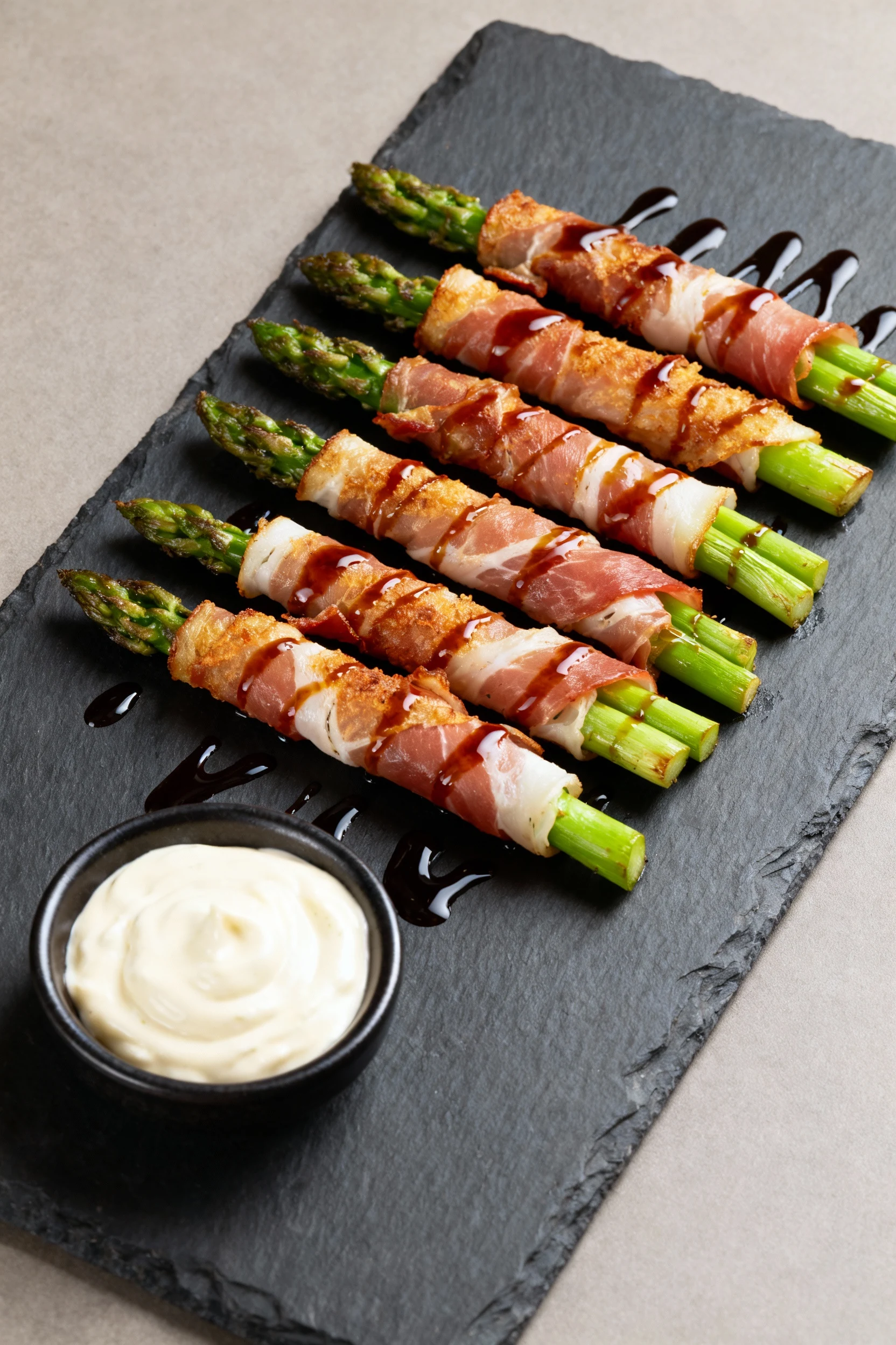 Elegant final presentation of prosciutto wrapped asparagus drizzled lightly with balsamic glaze, served on a dark slate 