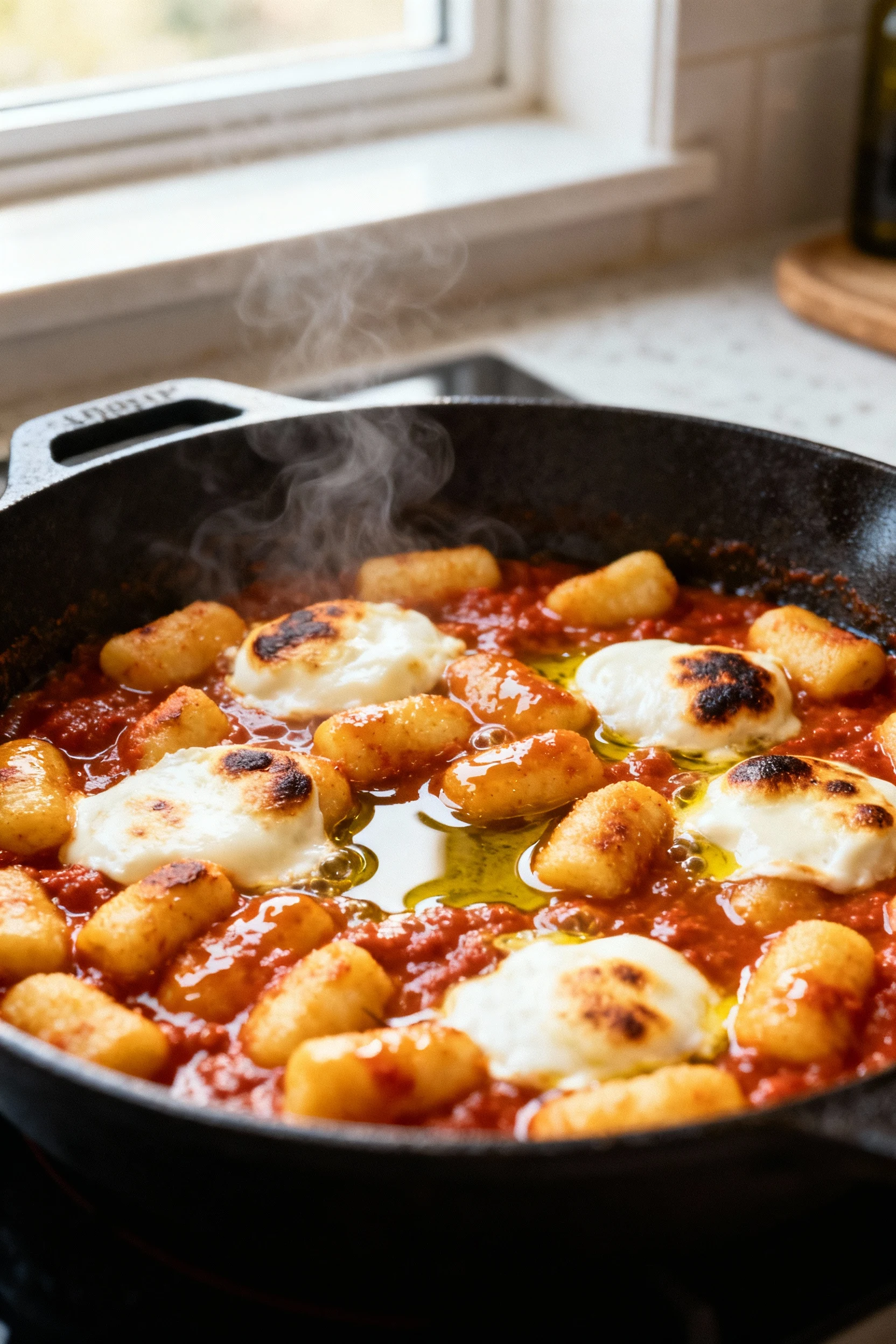 Cooking process shot in a cast-iron skillet: gnocchi slick with marinara as mozzarella blisters and browns, visible stea