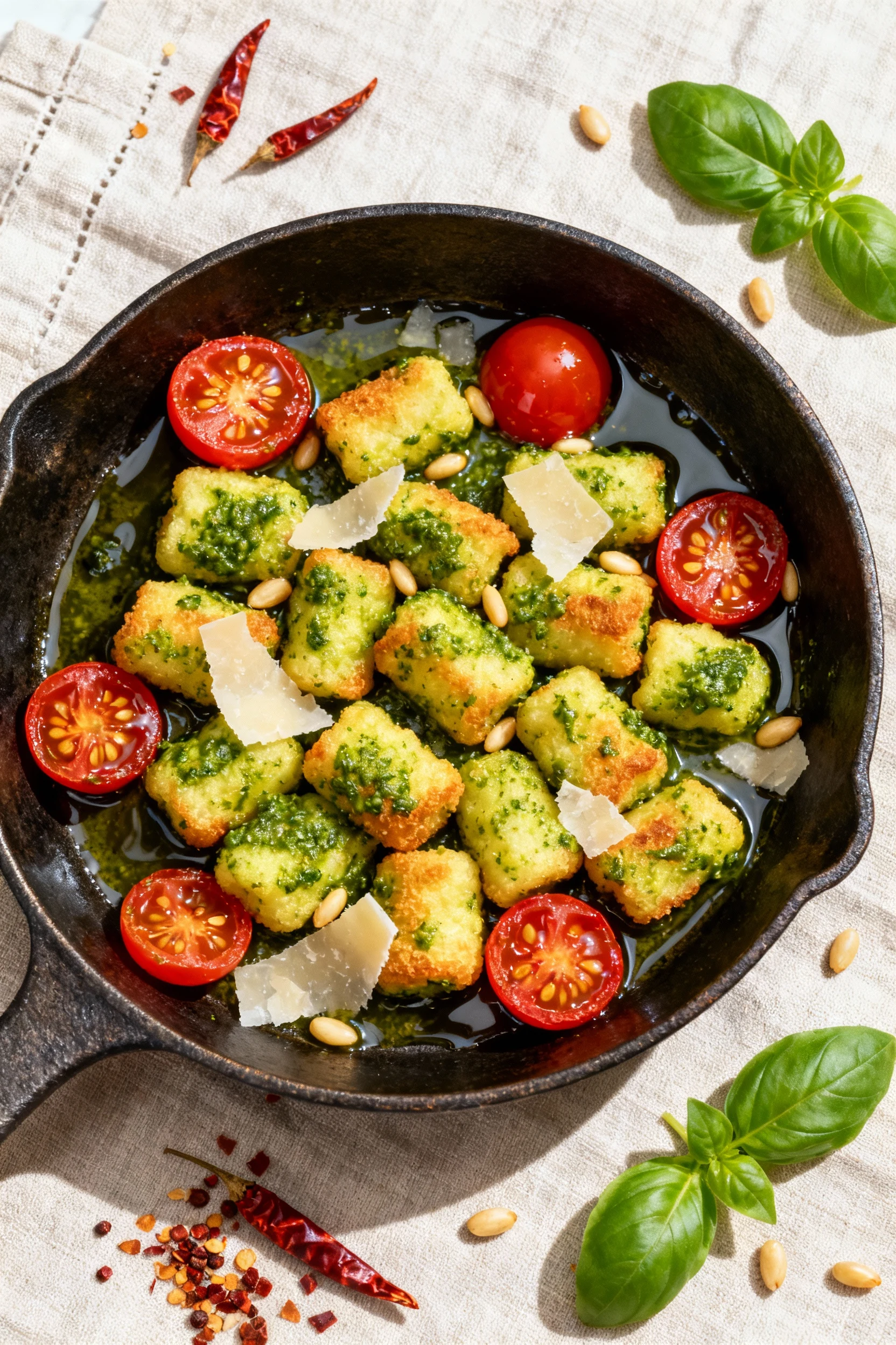 4. Overhead shot of pesto-coated crispy gnocchi with burst cherry tomatoes, glossy pan sauce, Parmesan shavings and chil