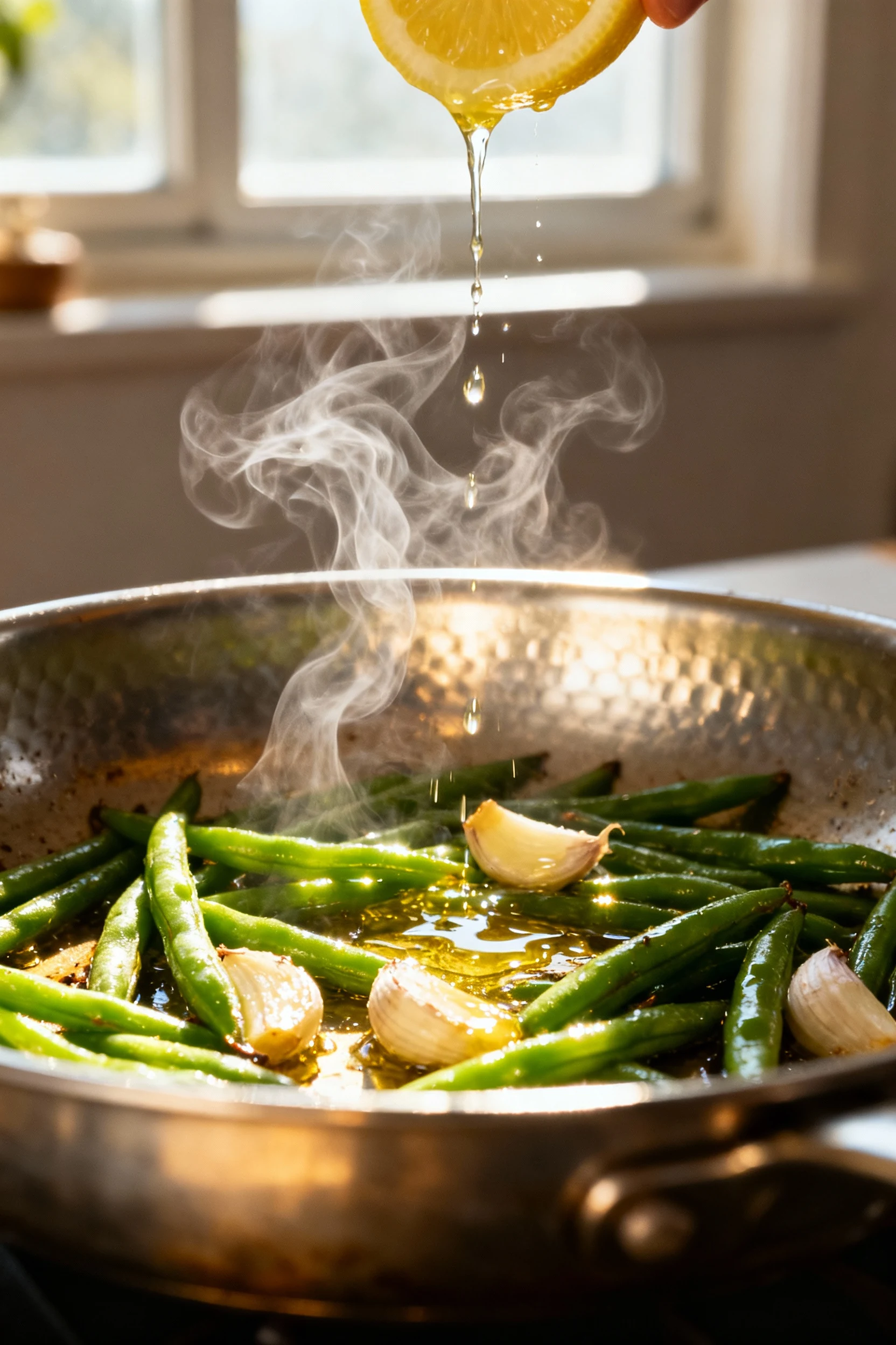 Action shot of sautéed green beans in a stainless steel skillet as fresh lemon juice is being drizzled over them, garlic