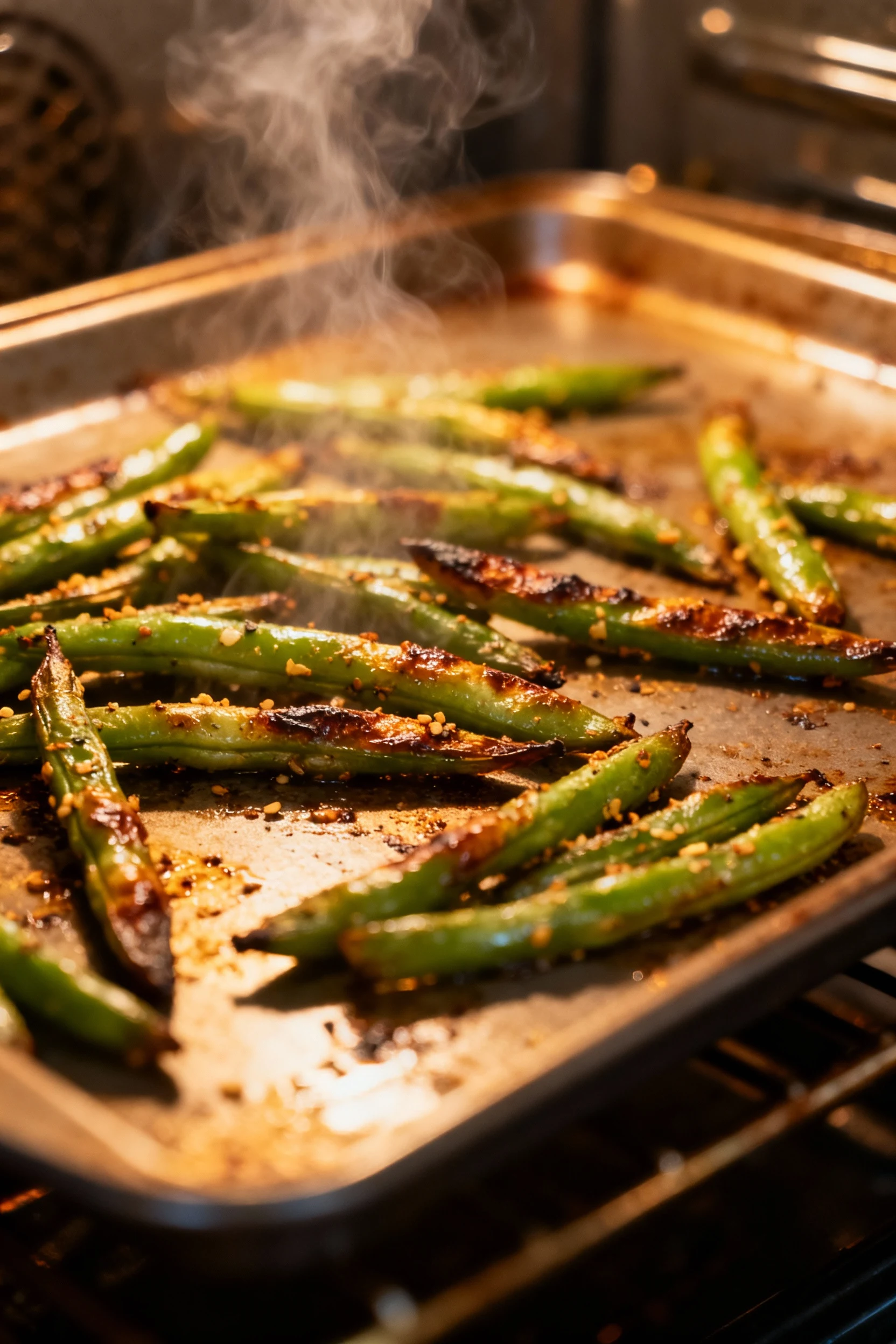 Cooking process shot showing roasted green beans midway through baking, beans flipped with visible caramelization starti