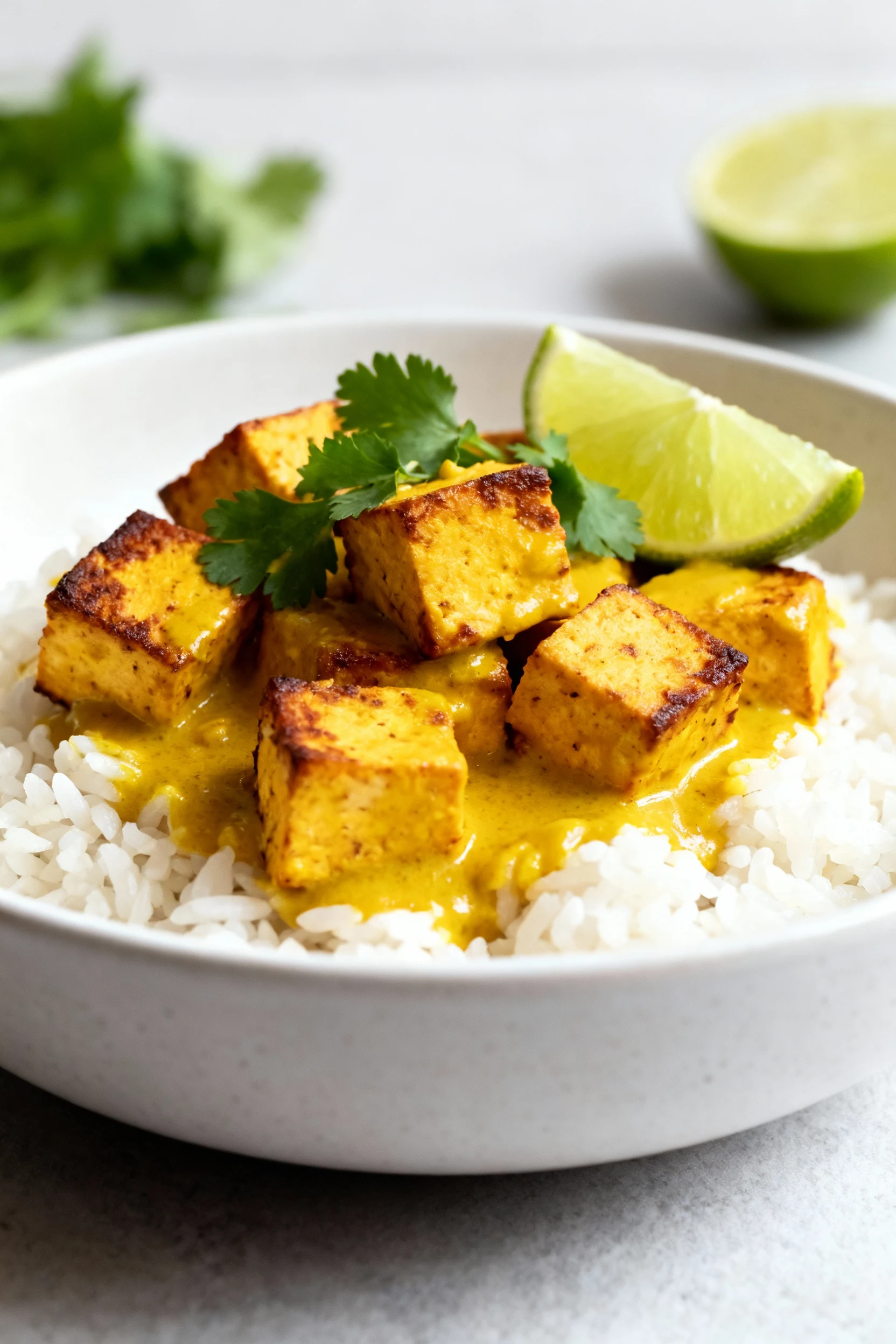 Final dish: Coconut Curry Turmeric baked tofu plated over jasmine rice with cilantro and a lime wedge; vibrant golden sa