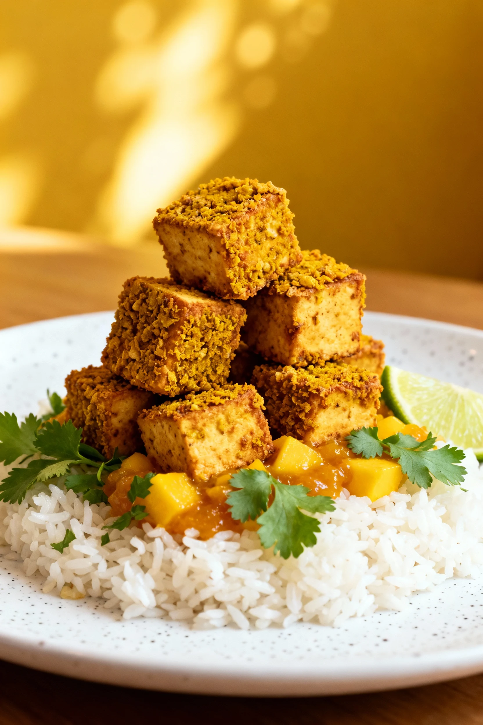 Three-quarter angle final plate of Curry Crunch tofu (curry-spiced crust) piled over fluffy coconut rice, finished with 