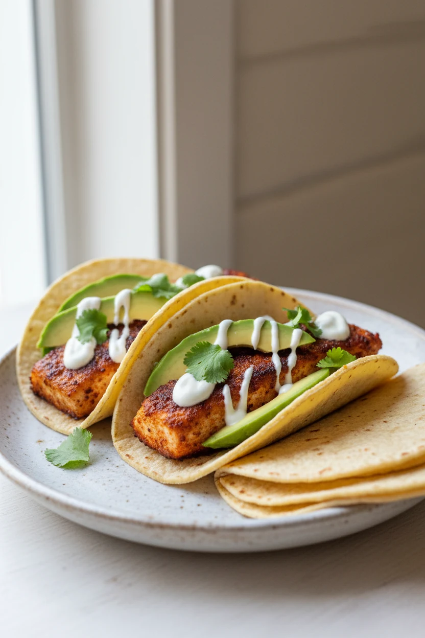 Beautifully plated pan-seared mahi-mahi tacos with chili–cumin crust, lime-yogurt drizzle, avocado slices and cilantro, 