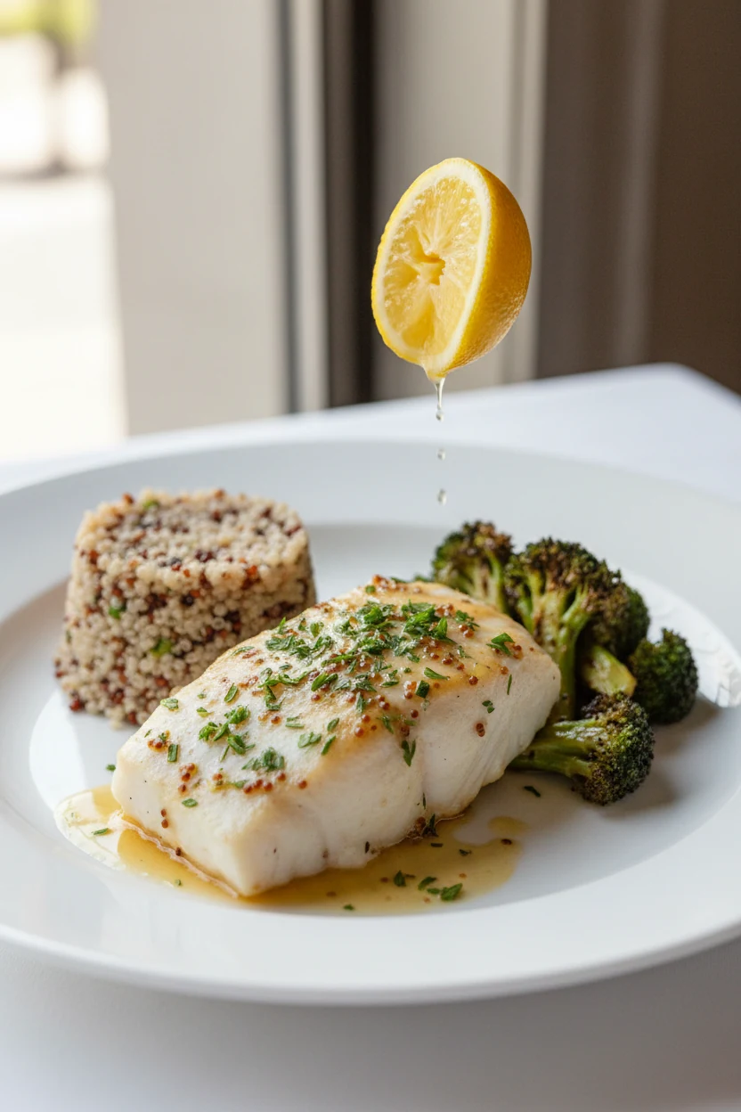 Beautifully plated Dijon-herb halibut: tender white fillet with a thin Dijon glaze, thyme and parsley garnish, fresh squ