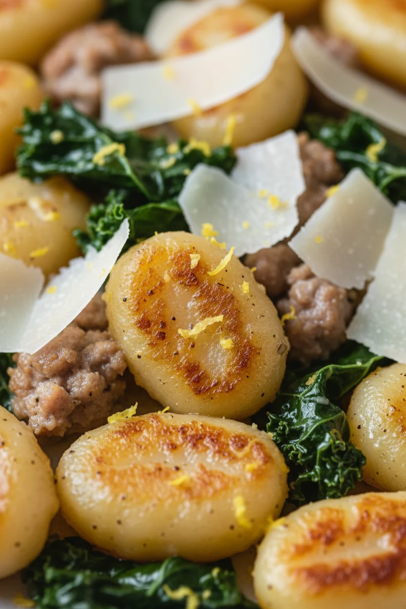 Close-up detail — Gnocchi with Sausage and Kale: extreme close-up of blistered pan-seared gnocchi with browned, craggy s