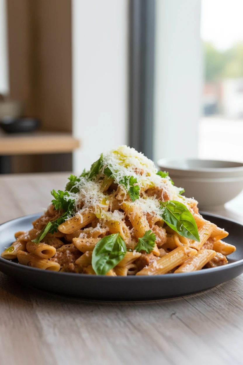 4. Three-quarter angle of beautifully plated penne in creamy sausage sauce; extra Parmesan, basil/parsley, drizzle of go