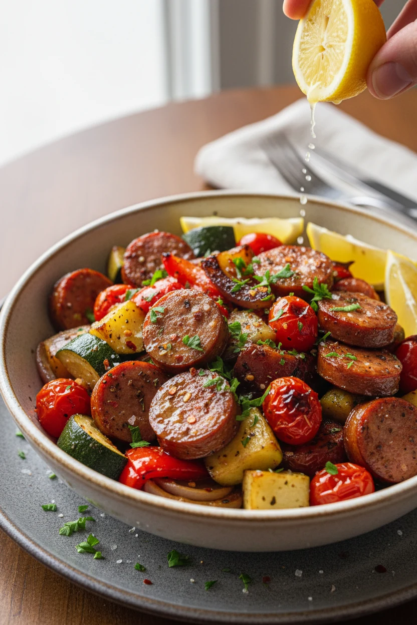 Beautifully plated bowl of sheet pan sausage and veggies, glossy caramelized edges, flecks of Italian seasoning and red 