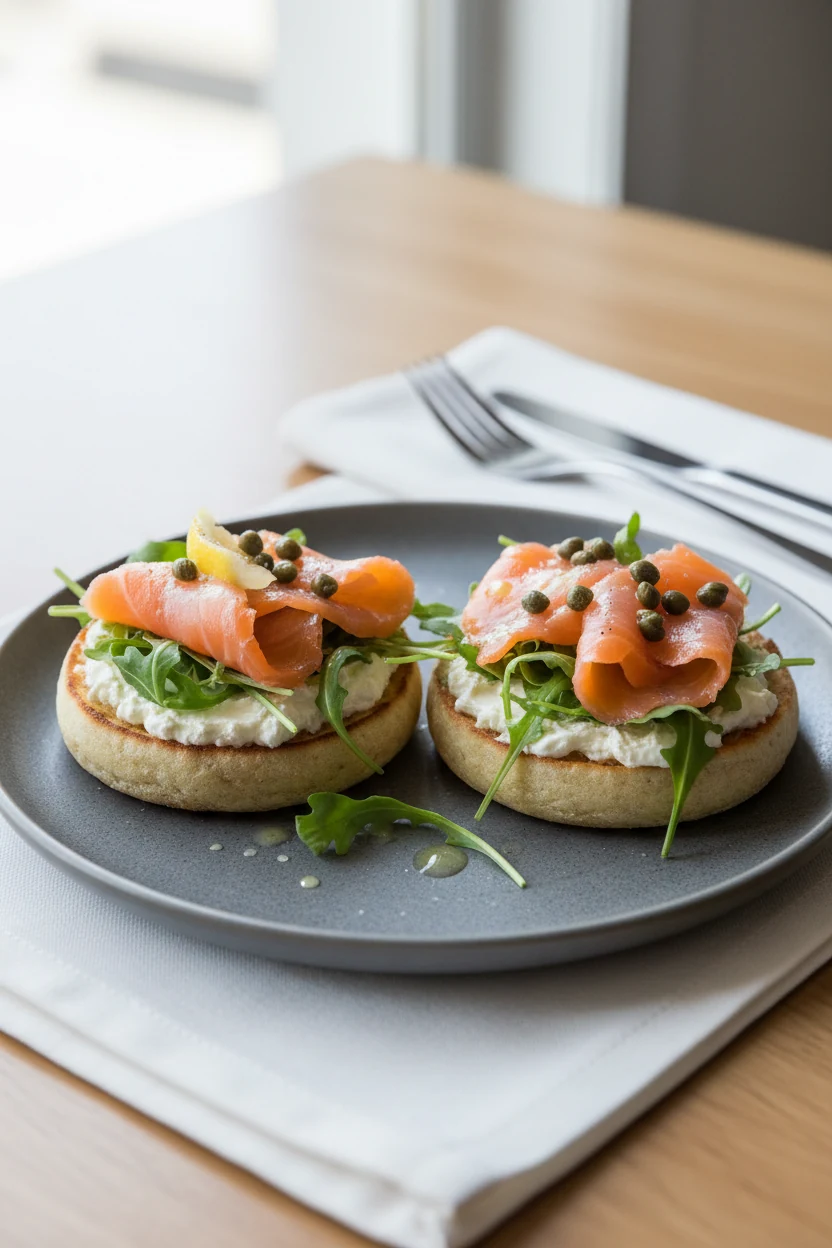 Final dish presentation: Smoked Salmon Bagel-Lite on a matte ceramic plate — toasted English muffin halves spread with c