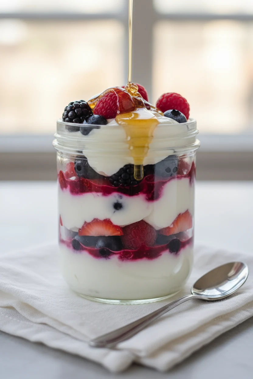 Beautifully plated berry Greek yogurt parfait in a clear jar: thick yogurt layers, juicy mixed berries with ruby streaks