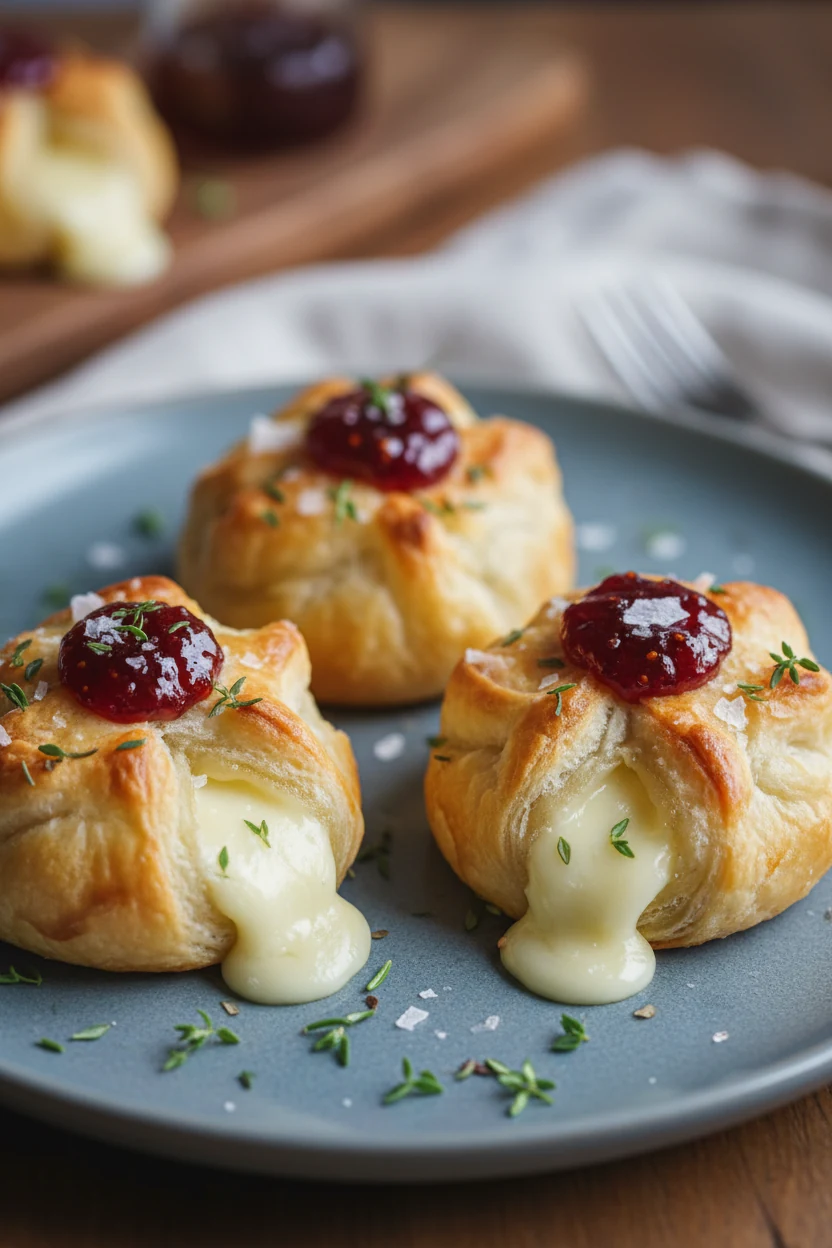 4. Final dish presentation: Brie & Jam Puffs—golden parcels with melted brie peeking and a kiss of fig or raspberry jam,
