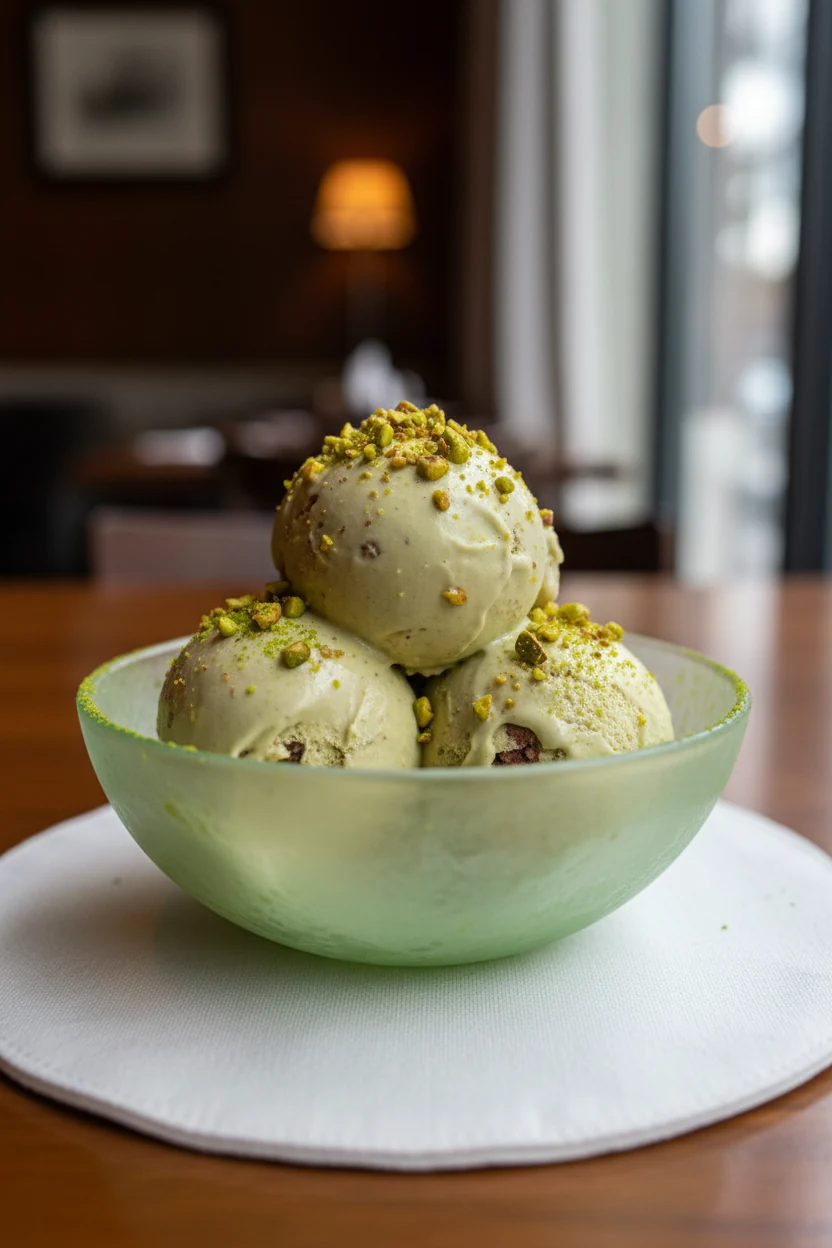 5. Three quenelles of pistachio keto ice cream in a chilled pistachio-green bowl, chopped roasted pistachios folded thro