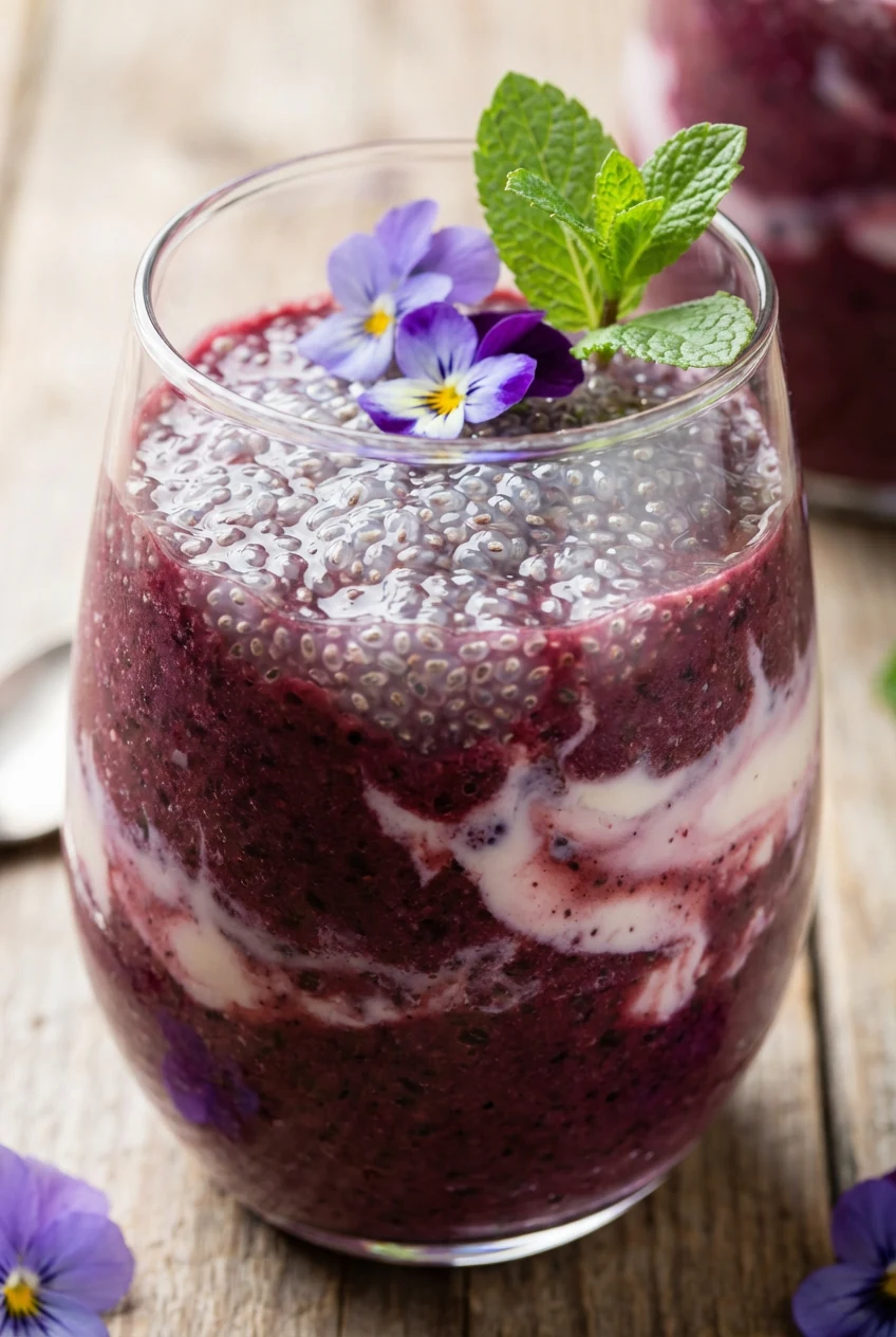 Macro shot of chia seeds fully hydrated within the blended smoothie, showing gelatinous texture suspended in deep purple