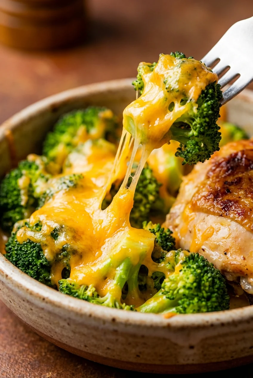 Macro shot of cheesy comfort variation—broccoli crowned with melted cheddar, gooey texture stretching between florets, c