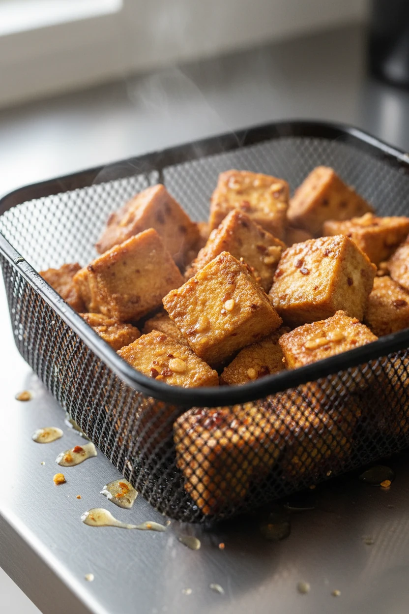 Air fryer finish: tofu cubes just crisped at 400 F, craggy golden surfaces, light chili crisp glaze, steam rising; open 