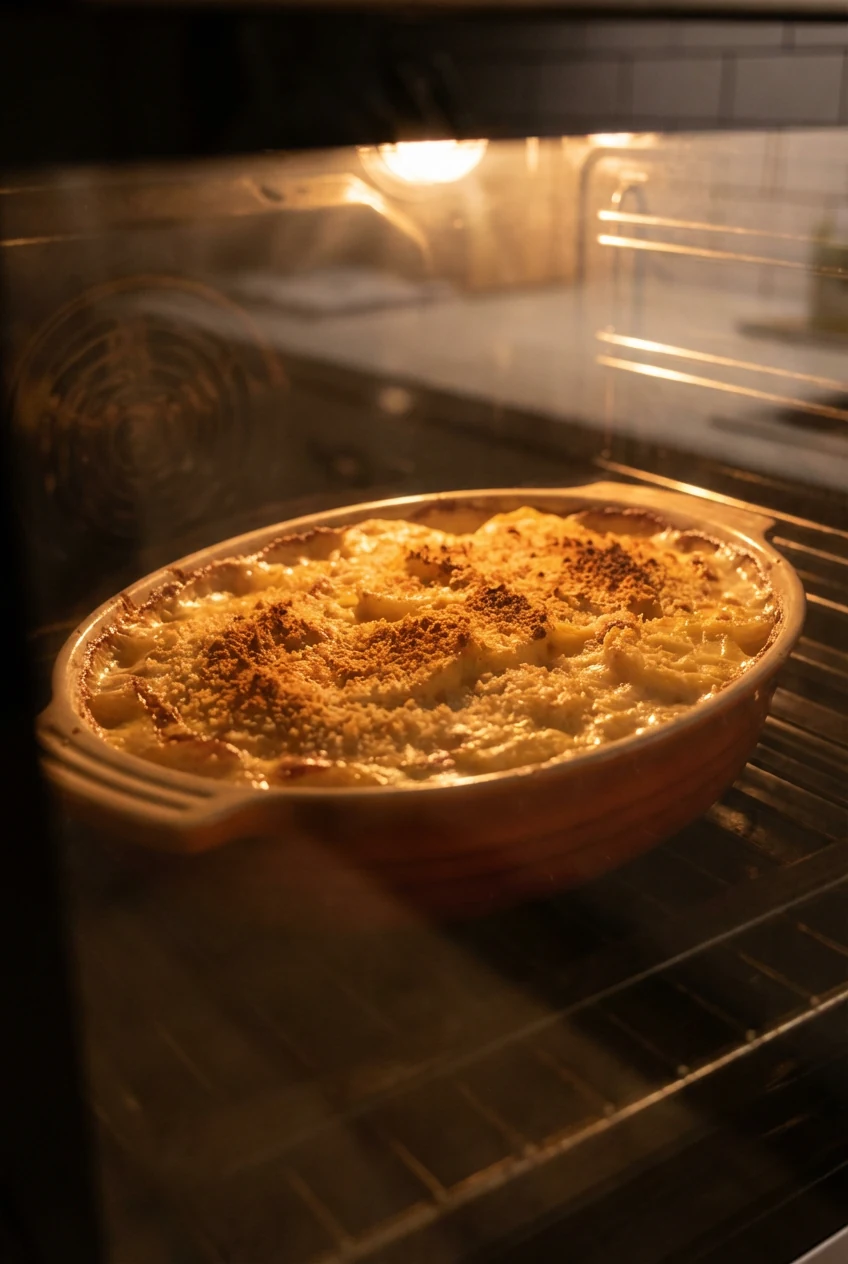 5. Mid-baking shot through oven door showing casserole dish with bubbling edges and browning breadcrumbs, soft focus on 