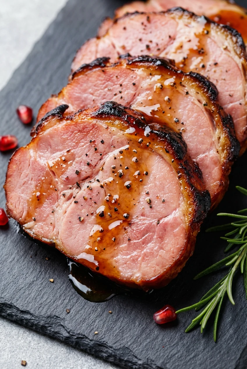 Close-up of crispy, caramelized edges and juicy interior of thick ham slices, visible glaze drips and pepper flecks, sty