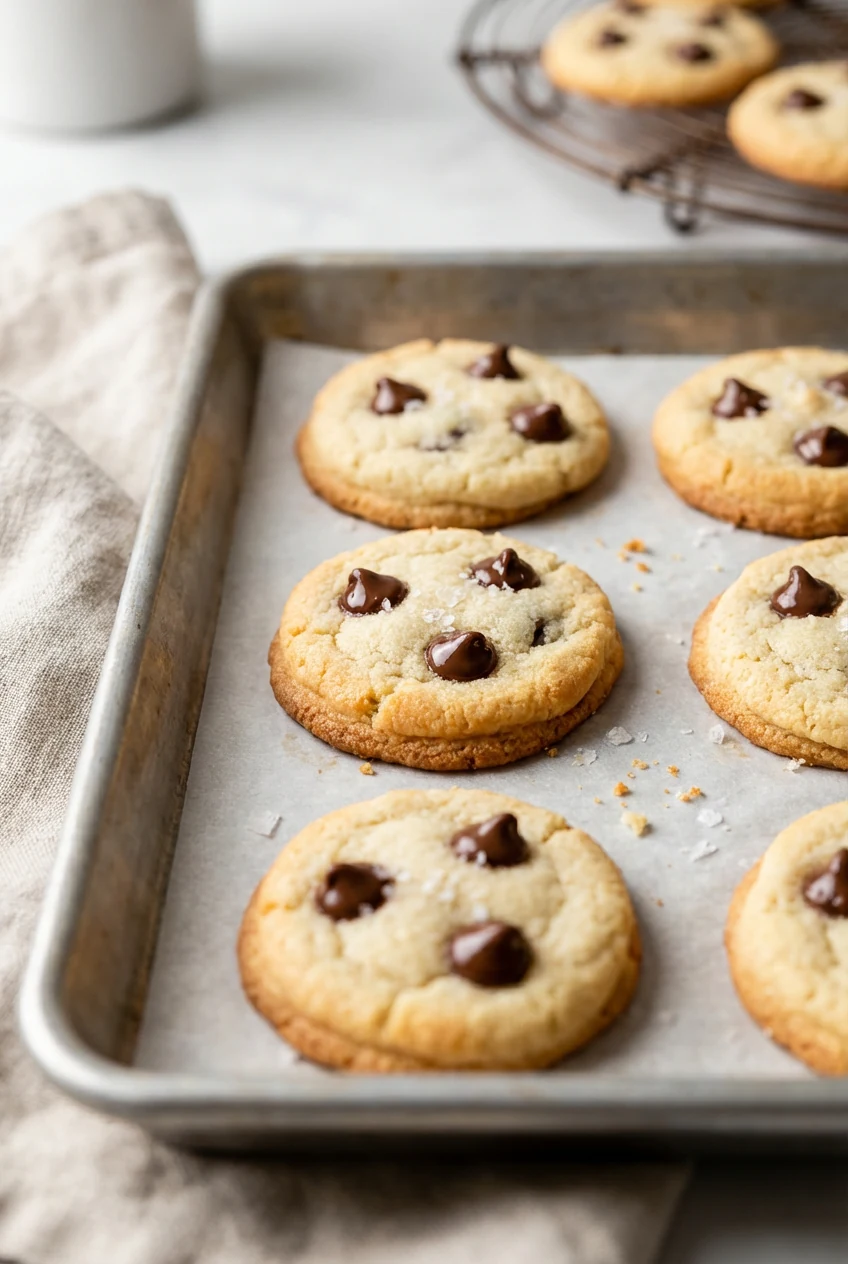 Close-up of almond flour cookies cooling on the sheet pan, edges slightly darker than centers, chocolate chips glossy an