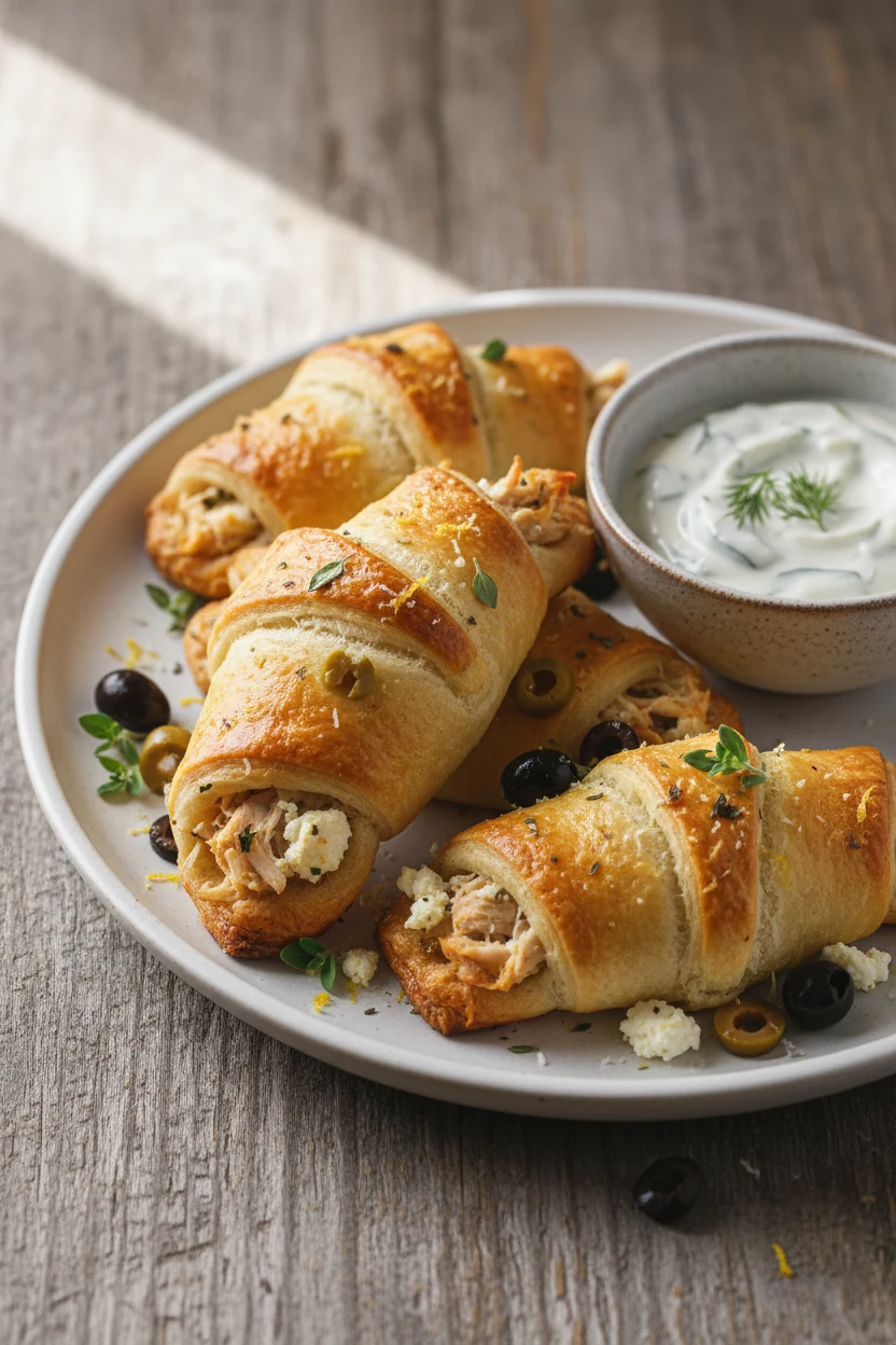 Final dish: Greek Chicken Feta crescents garnished with lemon zest, oregano, and chopped olives, served with a small bow