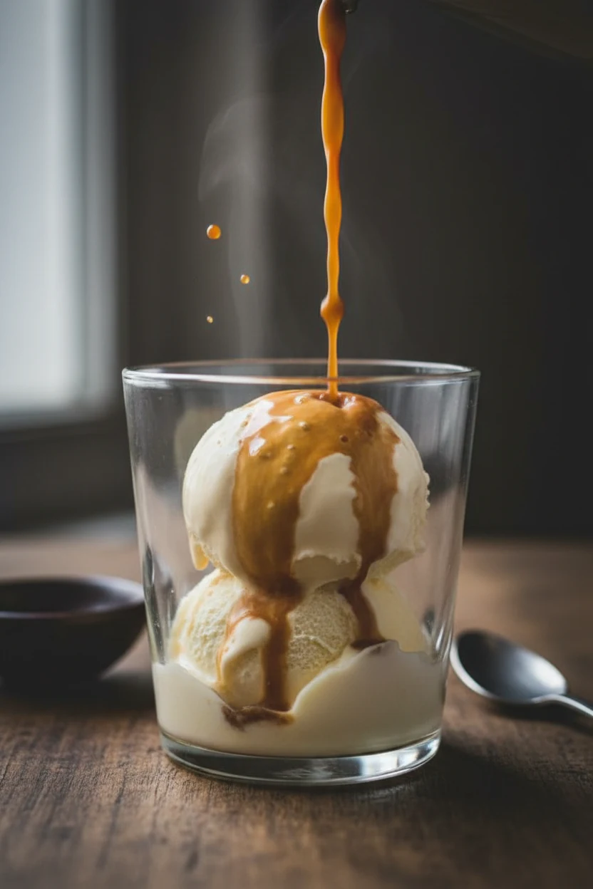 6. Coffee affogato: hot espresso pouring over a scoop of vanilla keto gelato in a clear tumbler, crema cascading and edg
