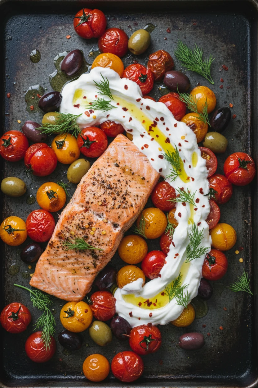 Variation (Mediterranean twist): roasted salmon with burst cherry tomatoes and olives, finished with dill and garlicky y