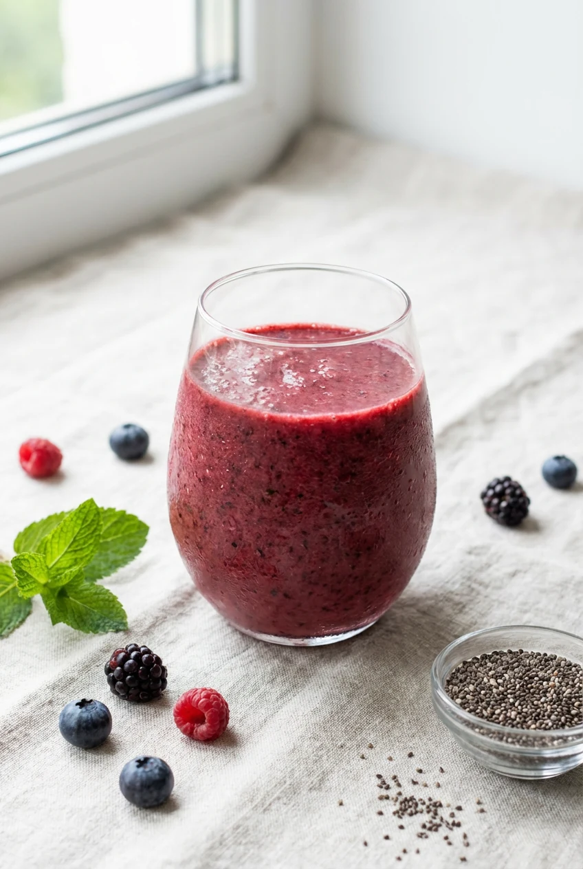 Final presentation shot of the chilled smoothie poured into a clear stemless wine glass, condensation beads forming on t