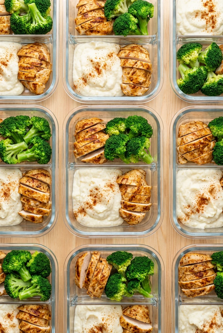 Top view of meal-prep containers filled with sliced golden chicken and bright broccoli, separated neatly with cauliflowe