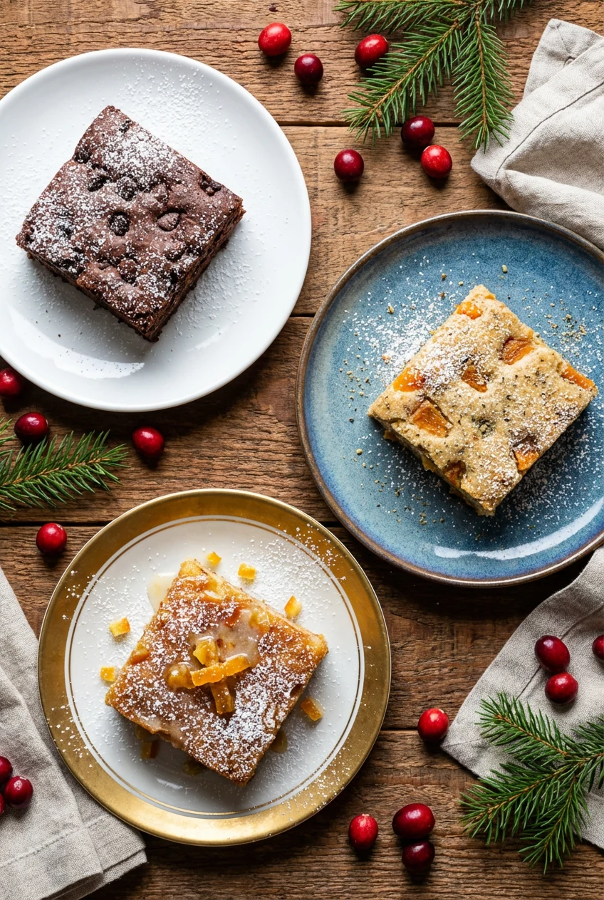 Overhead image of assorted plated squares of holiday cake variation — one with chocolate chips, one with dried apricots 