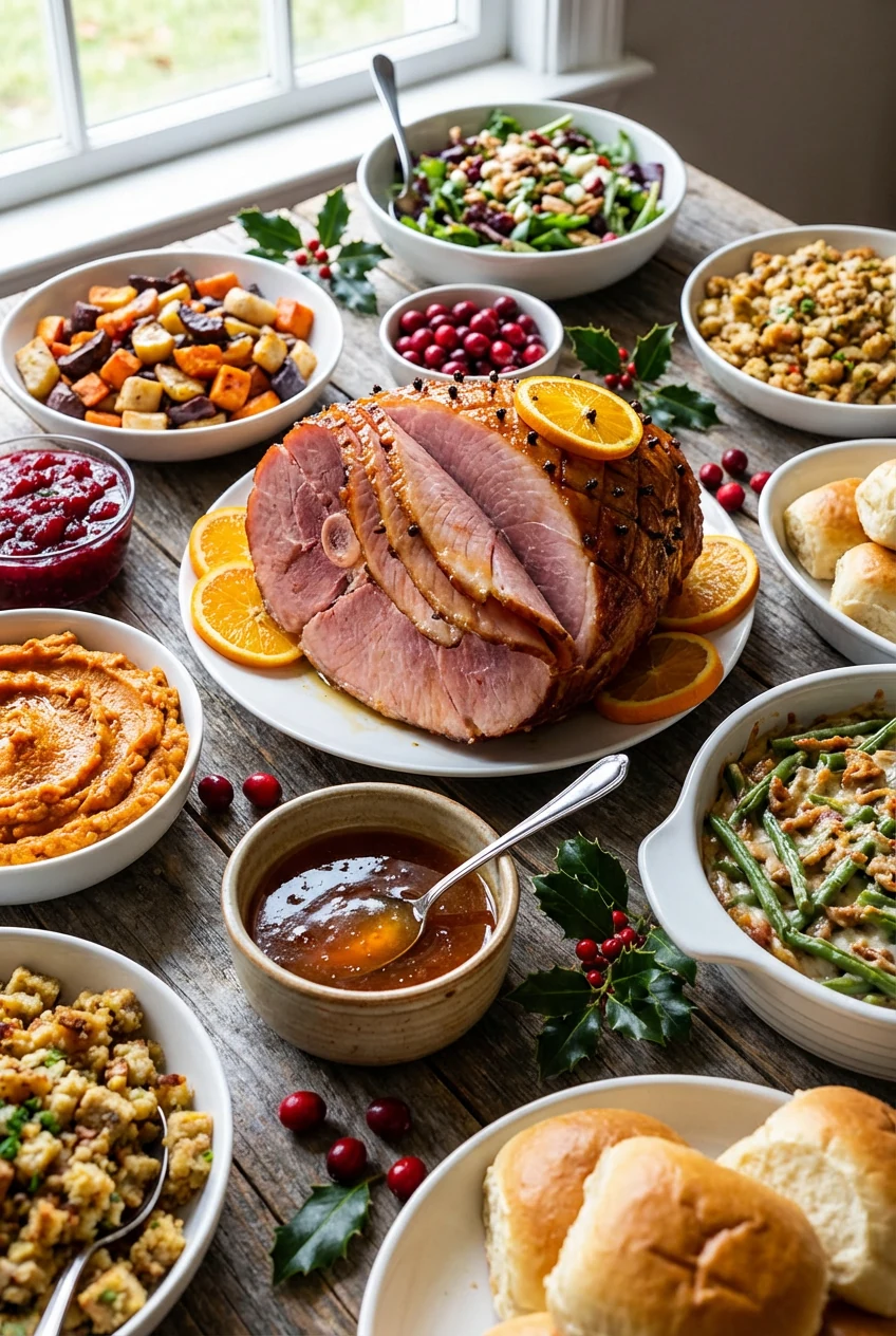 Overhead composition of festive buffet spread featuring ham centerpiece, assorted seasonal sides, and a small bowl of ex