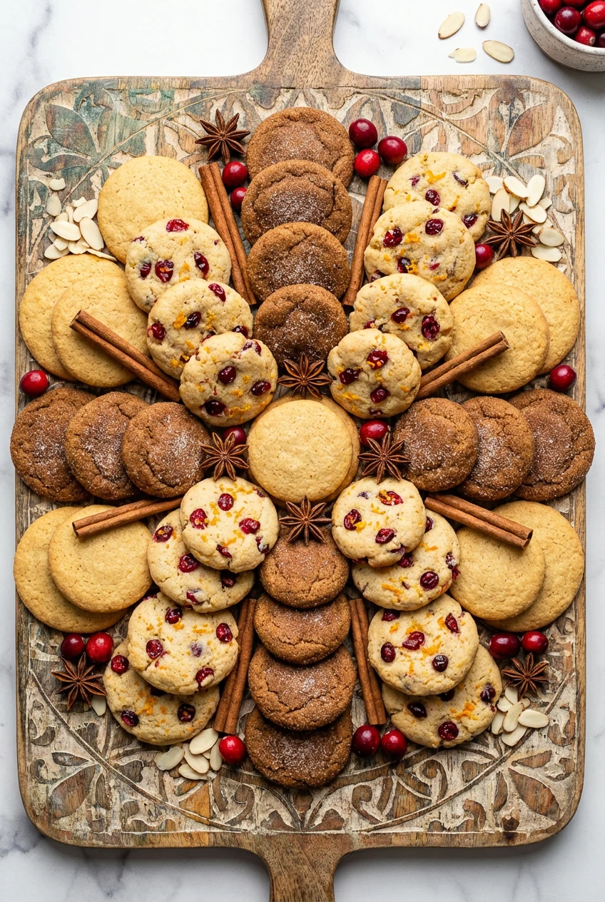 Overhead shot of a decorative serving board holding an assortment of variations—plain, cinnamon spiced, and cranberry st