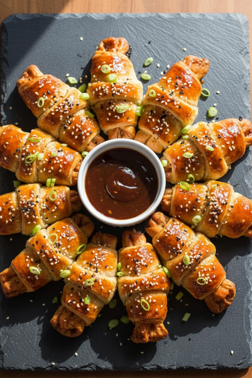 Tasty top view of Teriyaki Chicken Pineapple crescents arranged on a dark slate board, glossy glaze, sesame seeds and sc