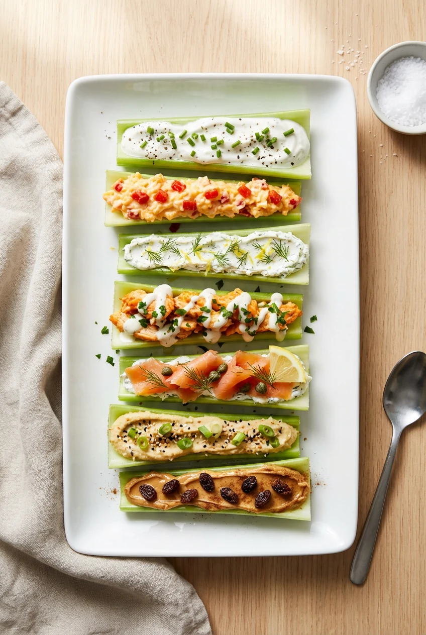 Overhead shot of a mixed platter of stuffed celery 7 ways: ranch Greek yogurt topped with chives and black pepper; pimen
