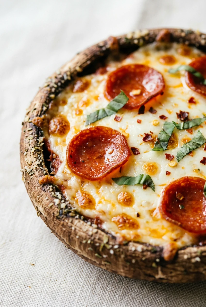 Macro close-up of pepperoni-topped portobello pizza cap: low-moisture mozzarella bubbling with light golden spots, crisp