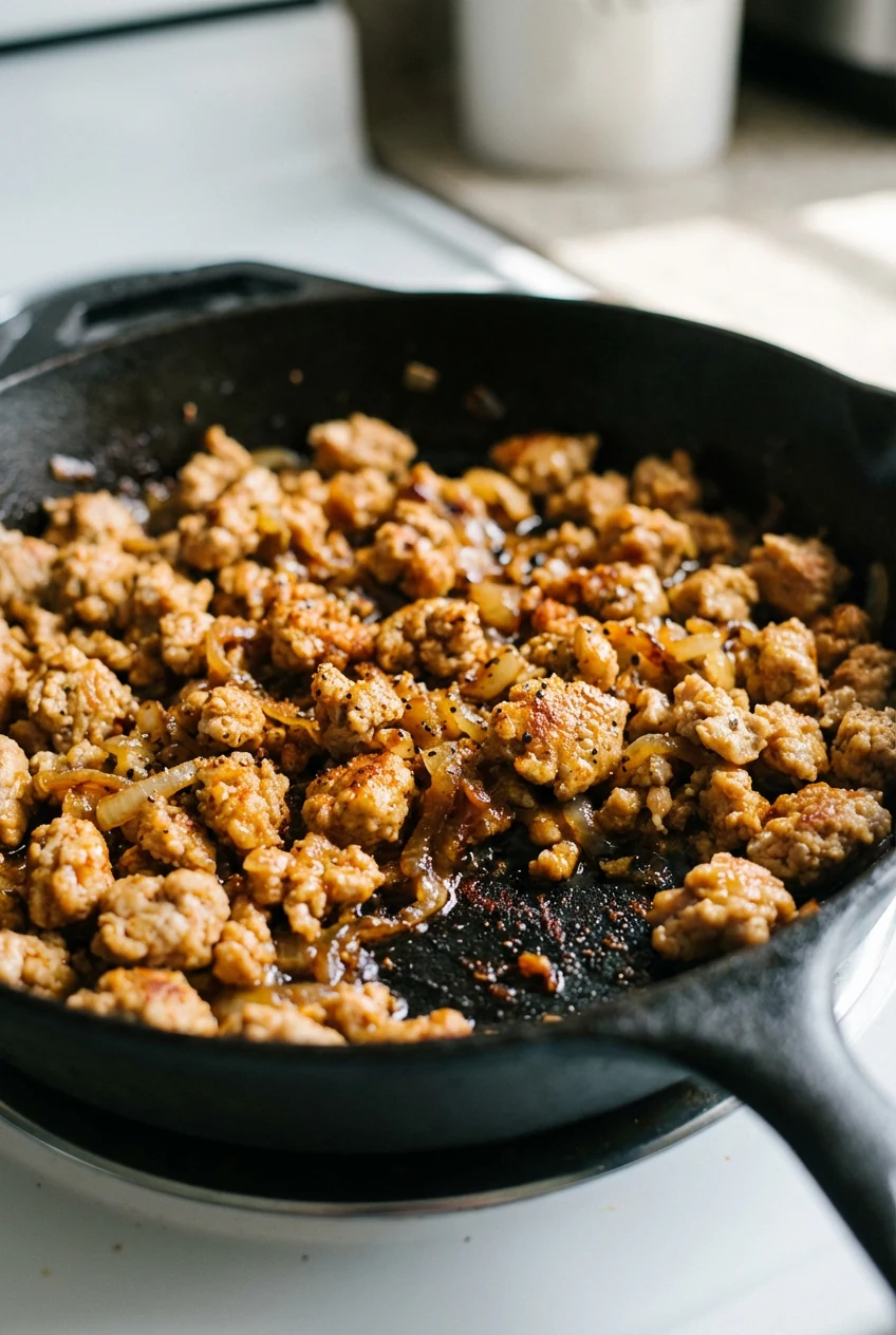 Close-up of golden-browned ground turkey crumbles with caramelized onions in a cast-iron skillet, flecks of smoked papri